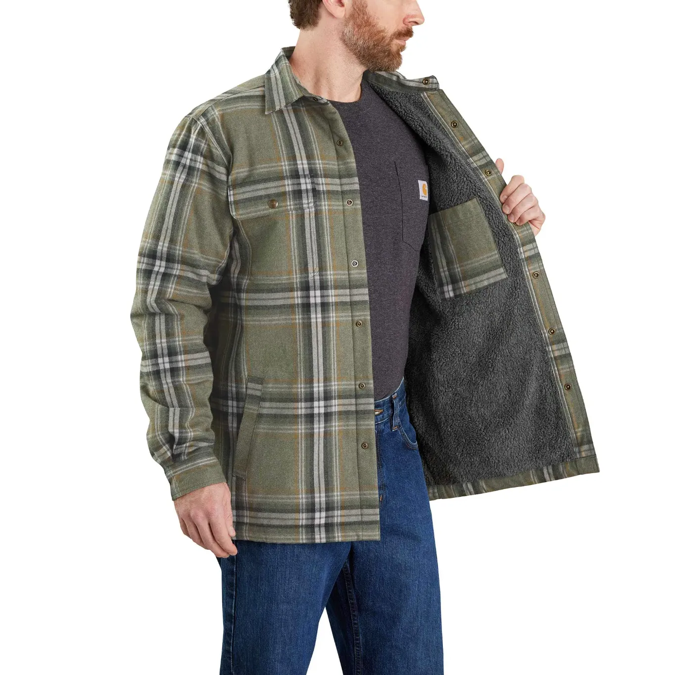 Carhartt Men&#x27;s Flannel Sherpa Lined Shirt Jacket Basil | Buy Carhartt Men&#x27;s Flannel Sherpa Lined Shirt Jacket Basil here | Outnorth