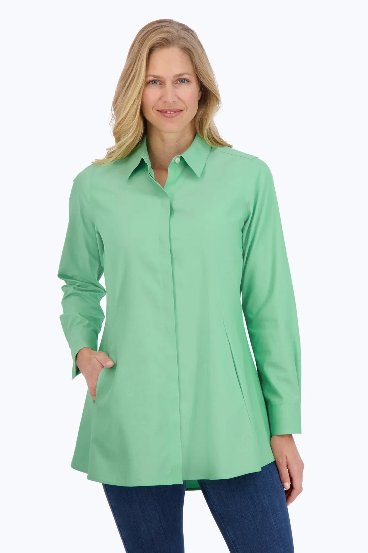 Cici Pinpoint No Iron Long Sleeve Tunic, New Leaf