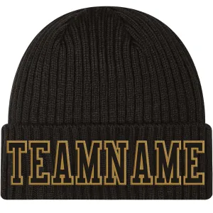 Custom Black Black-Old Gold Stitched Cuffed Knit Hat