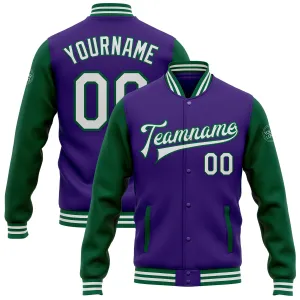 Custom Purple White-Kelly Green Bomber Full-Snap Varsity Letterman Two Tone Jacket