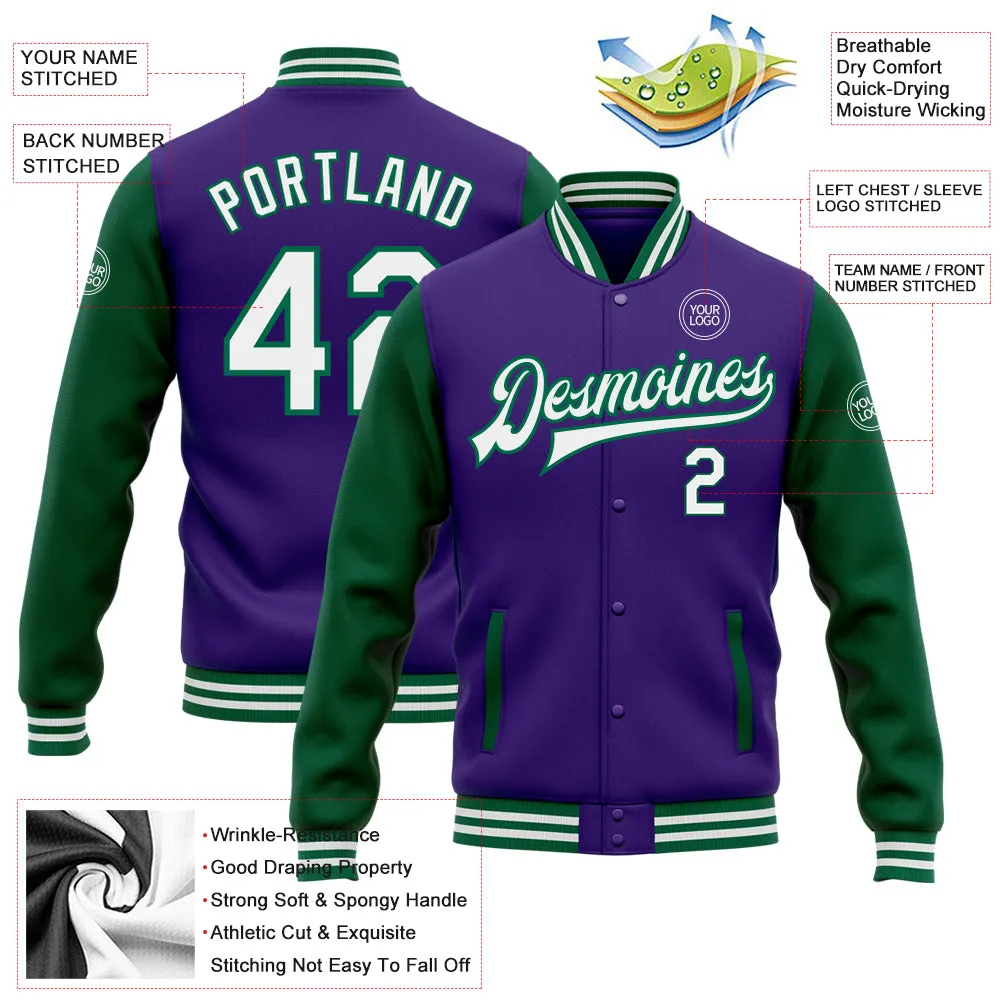 Custom Purple White-Kelly Green Bomber Full-Snap Varsity Letterman Two Tone Jacket