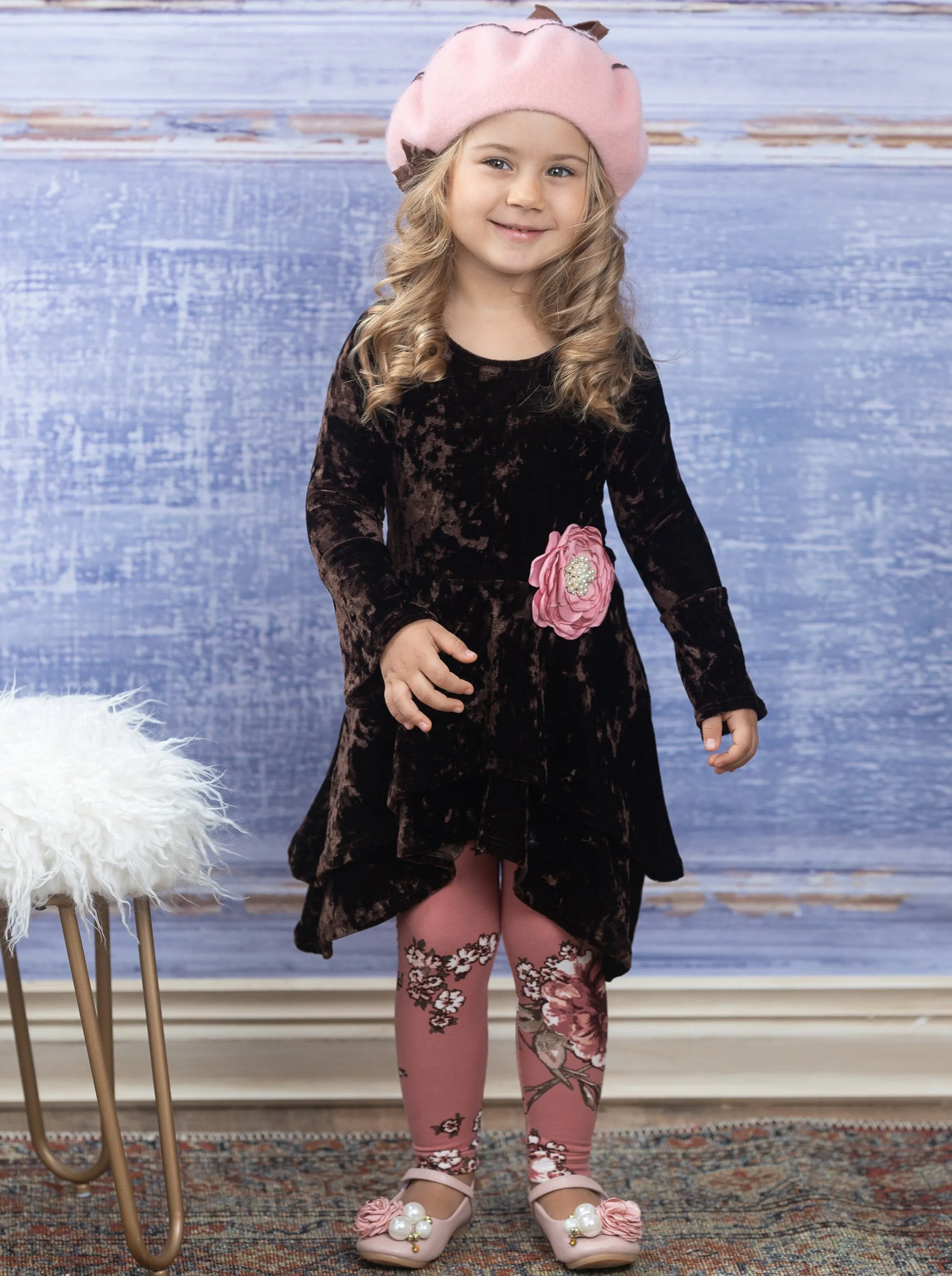 Cute Crushed Velvet Sidetail Tunic and Legging Set