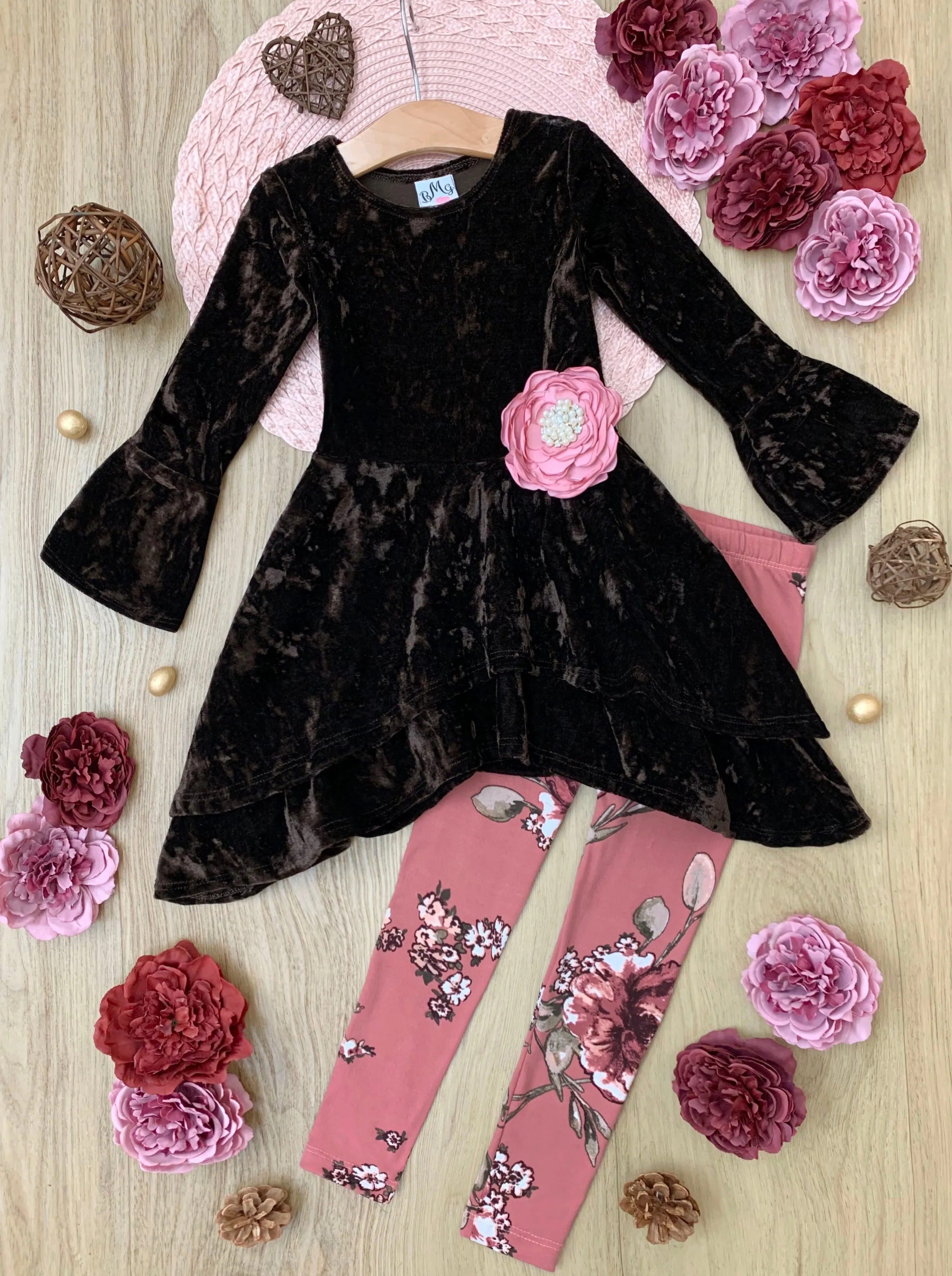 Cute Crushed Velvet Sidetail Tunic and Legging Set