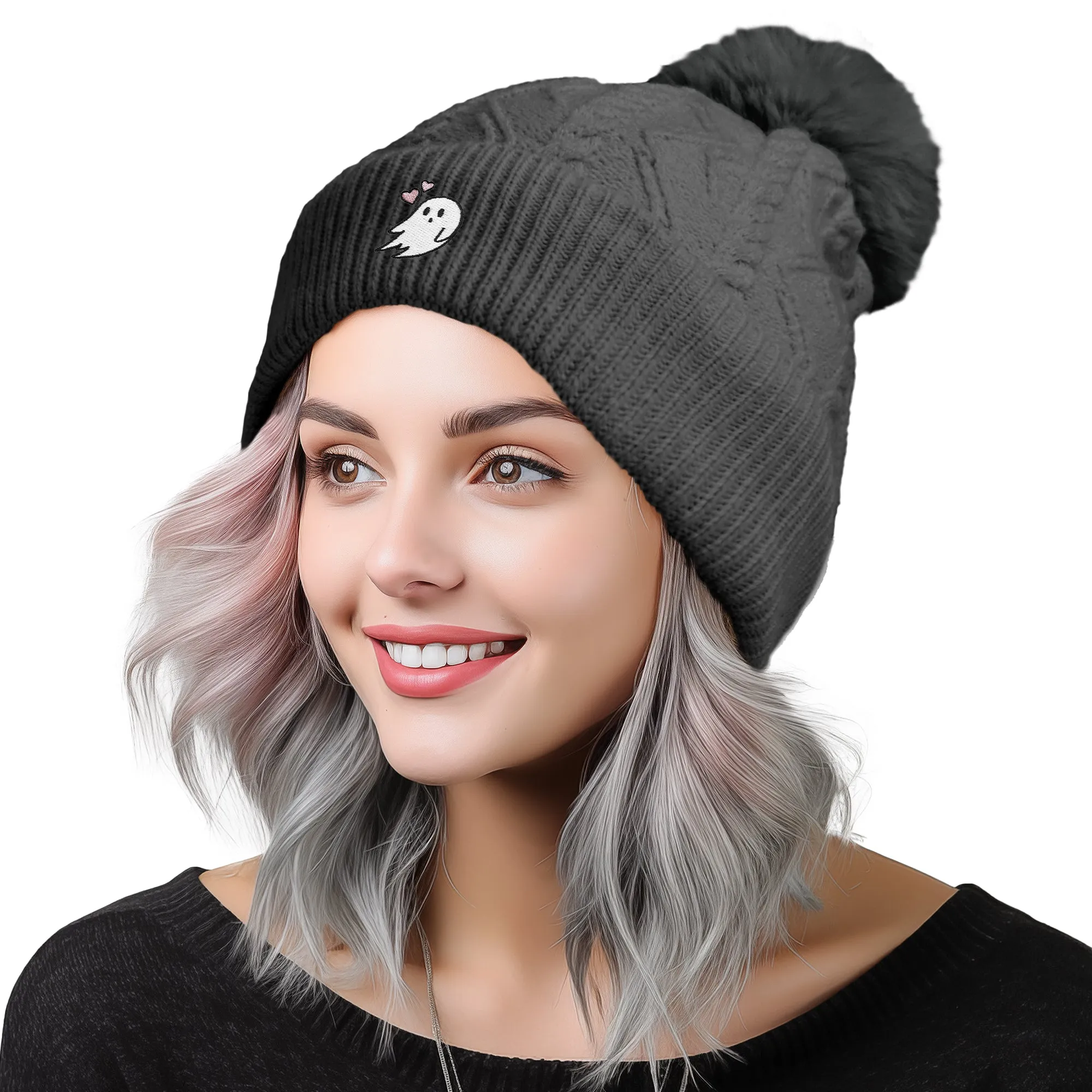 Dalix Heartly Ghost Pom Beanie