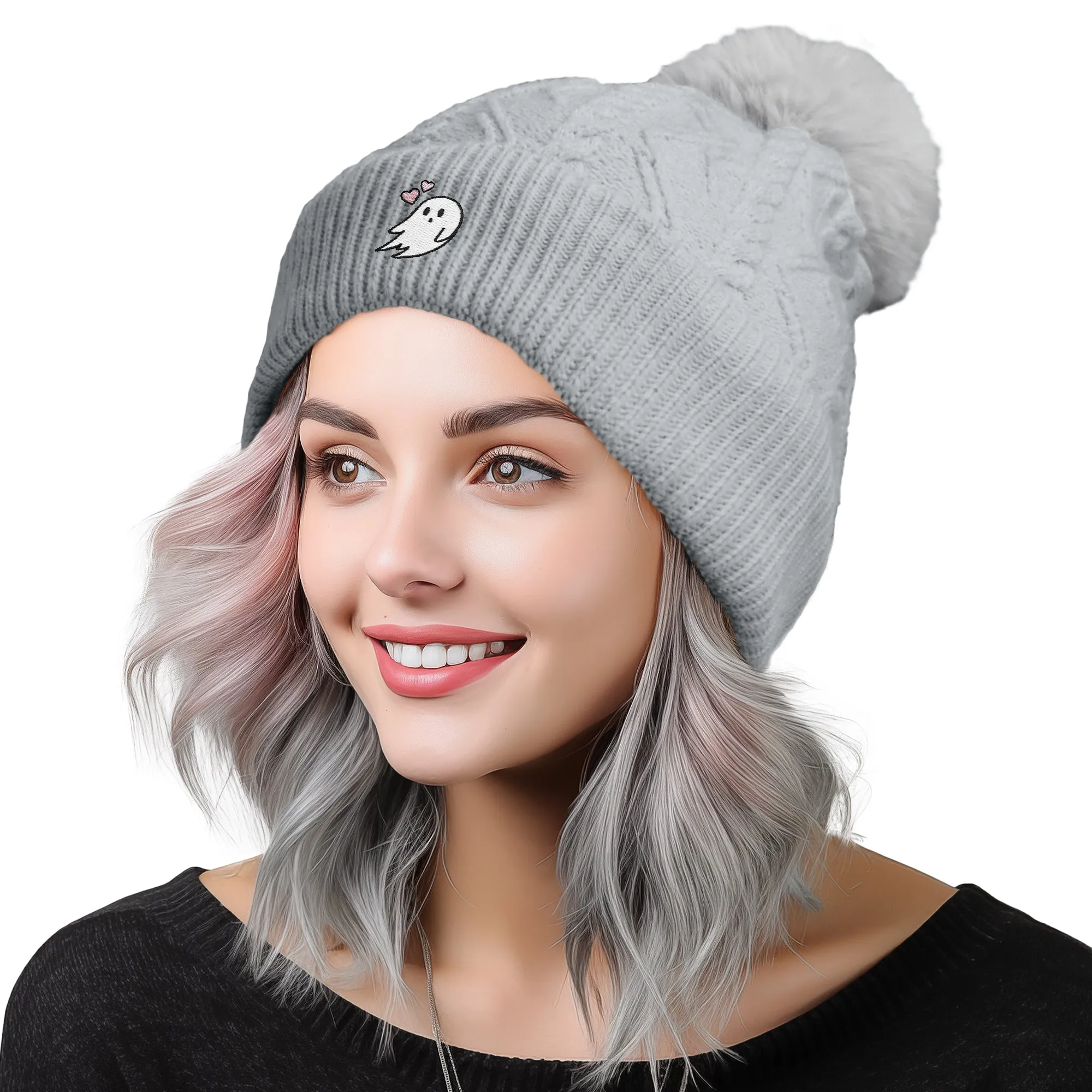 Dalix Heartly Ghost Pom Beanie