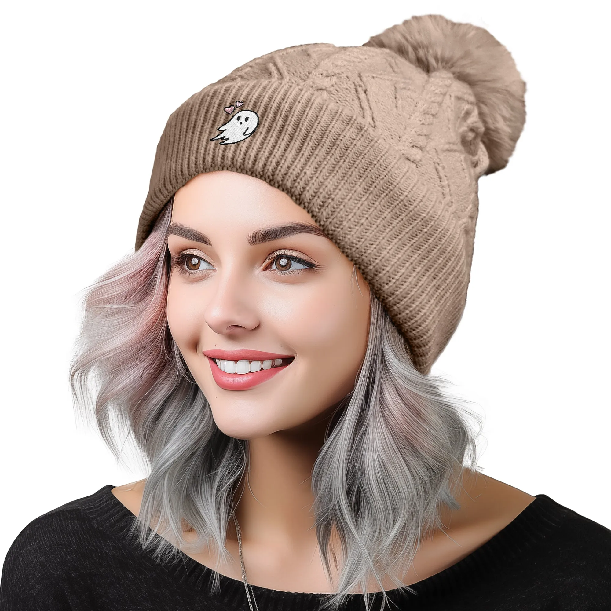 Dalix Heartly Ghost Pom Beanie