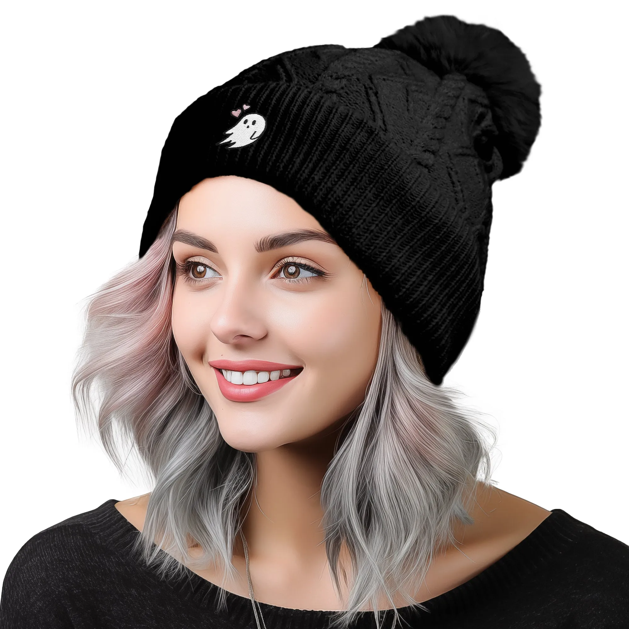 Dalix Heartly Ghost Pom Beanie