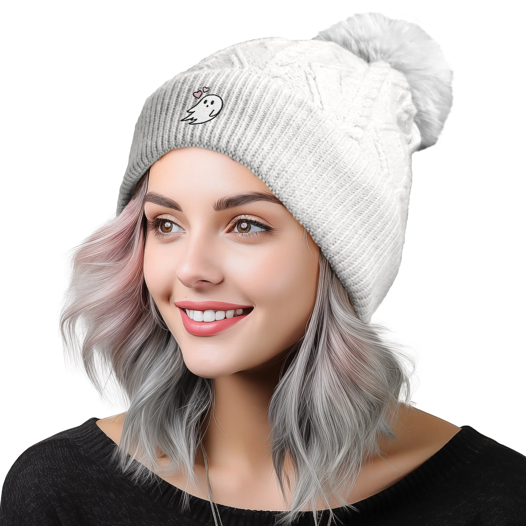 Dalix Heartly Ghost Pom Beanie