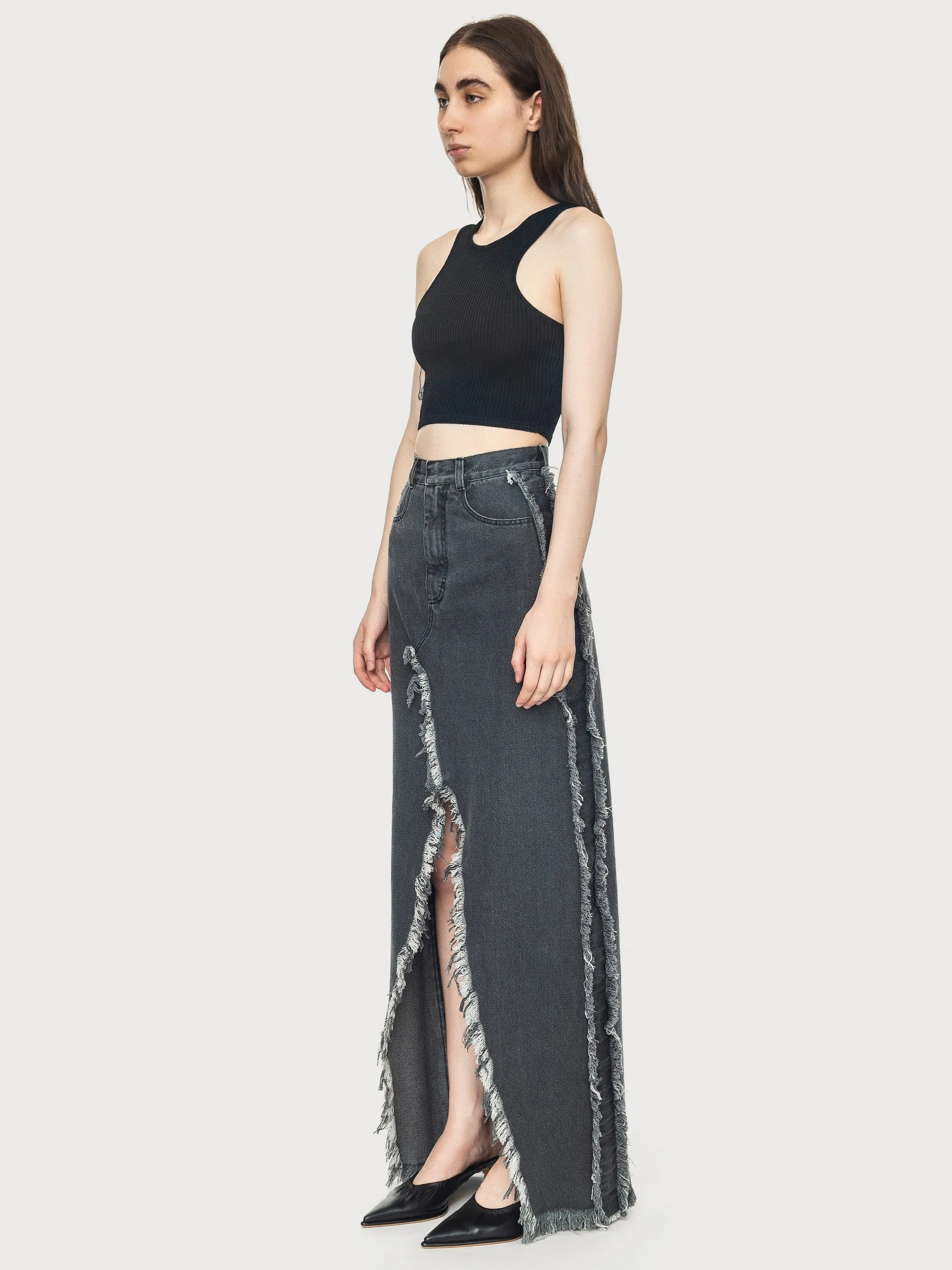 Denim Maxi Skirt with Fringed Details