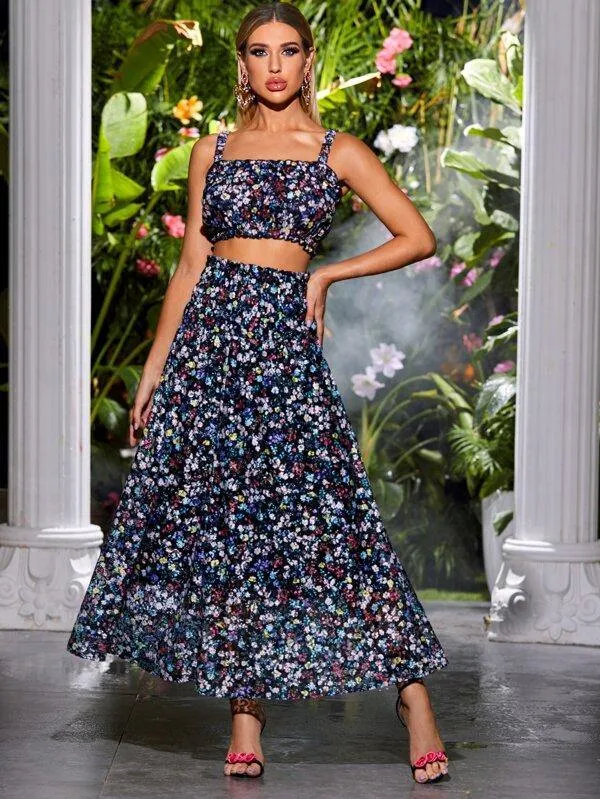 Ditsy Floral Flared Maxi Skirt