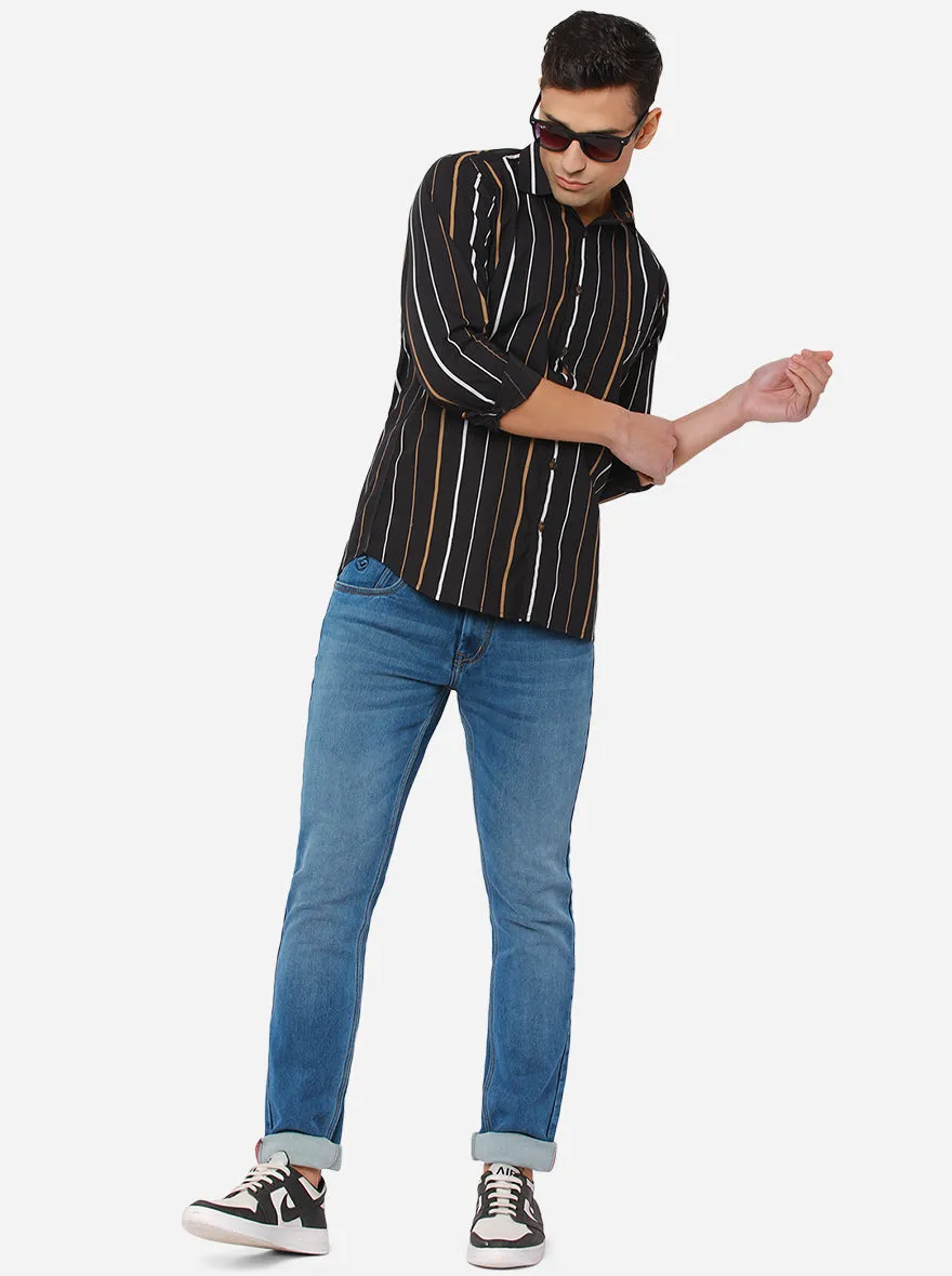 Doe Brown & Black Striped Slim Fit Semi Casual Shirt | JadeBlue