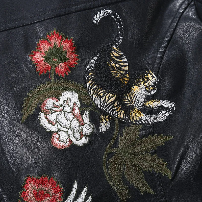 Embroidered leather jacket for women