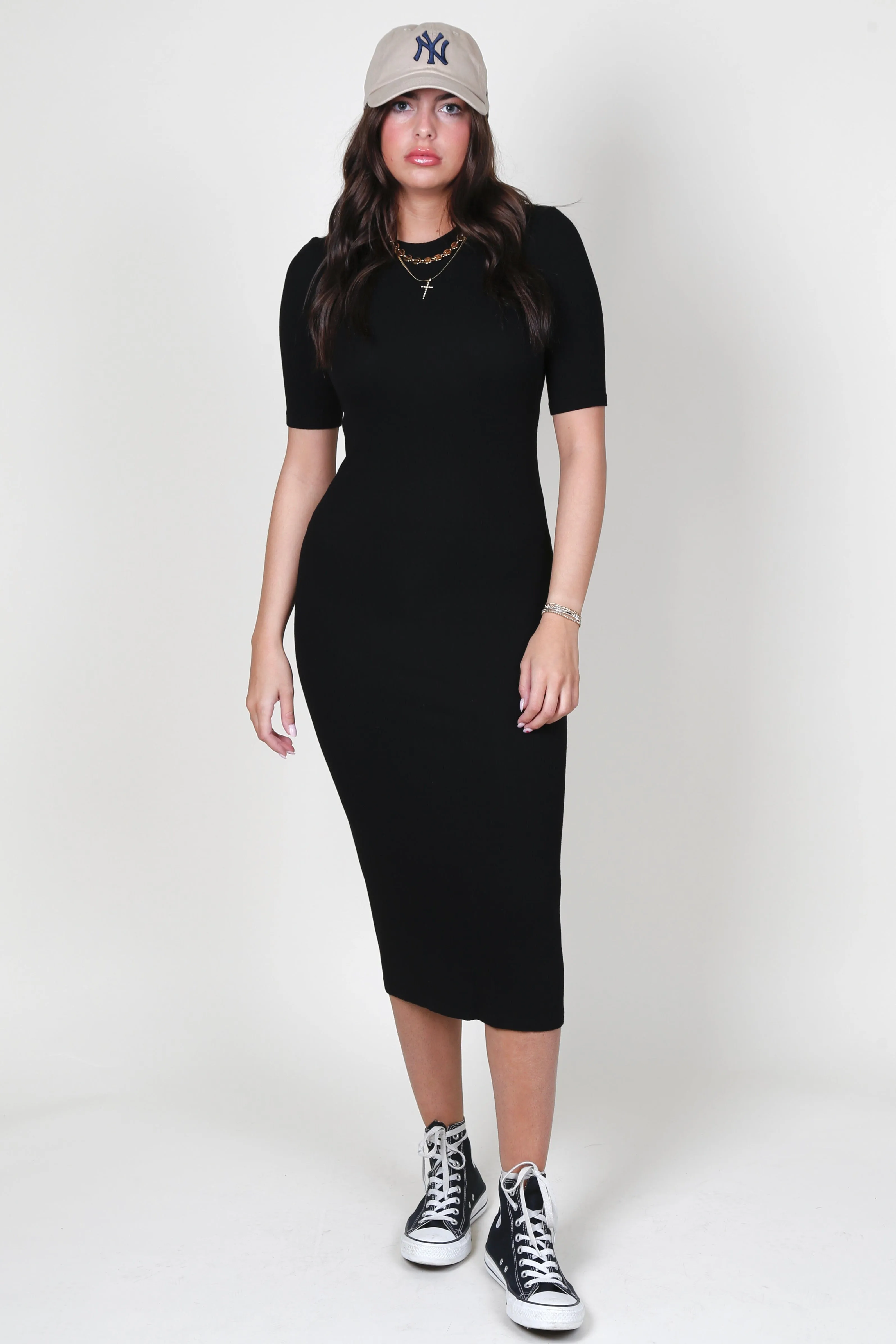 ENZA COSTA | Silk Rib Half Sleeve Midi Dress - Black