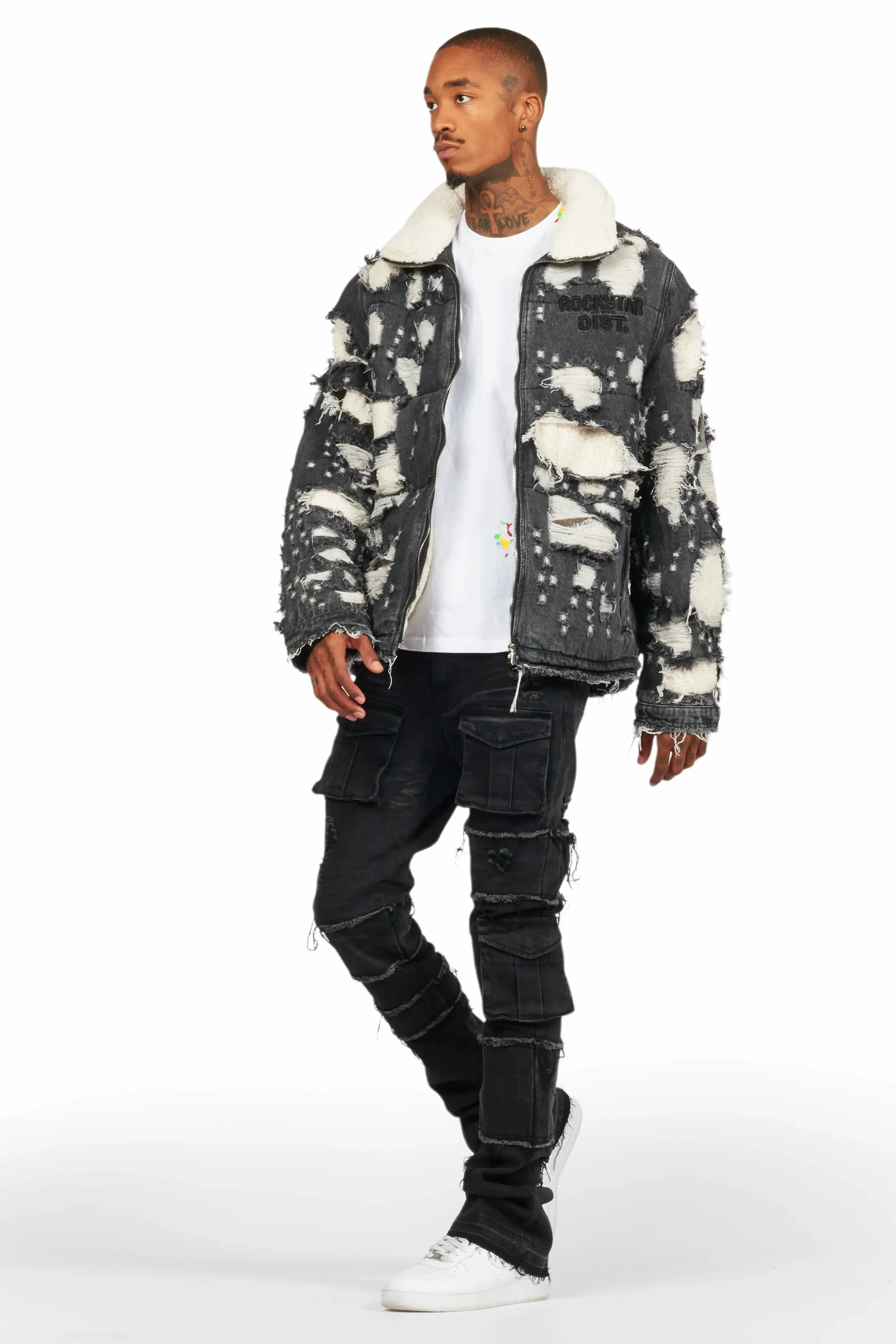 Faro Black Denim Sherpa Puffer Jacket