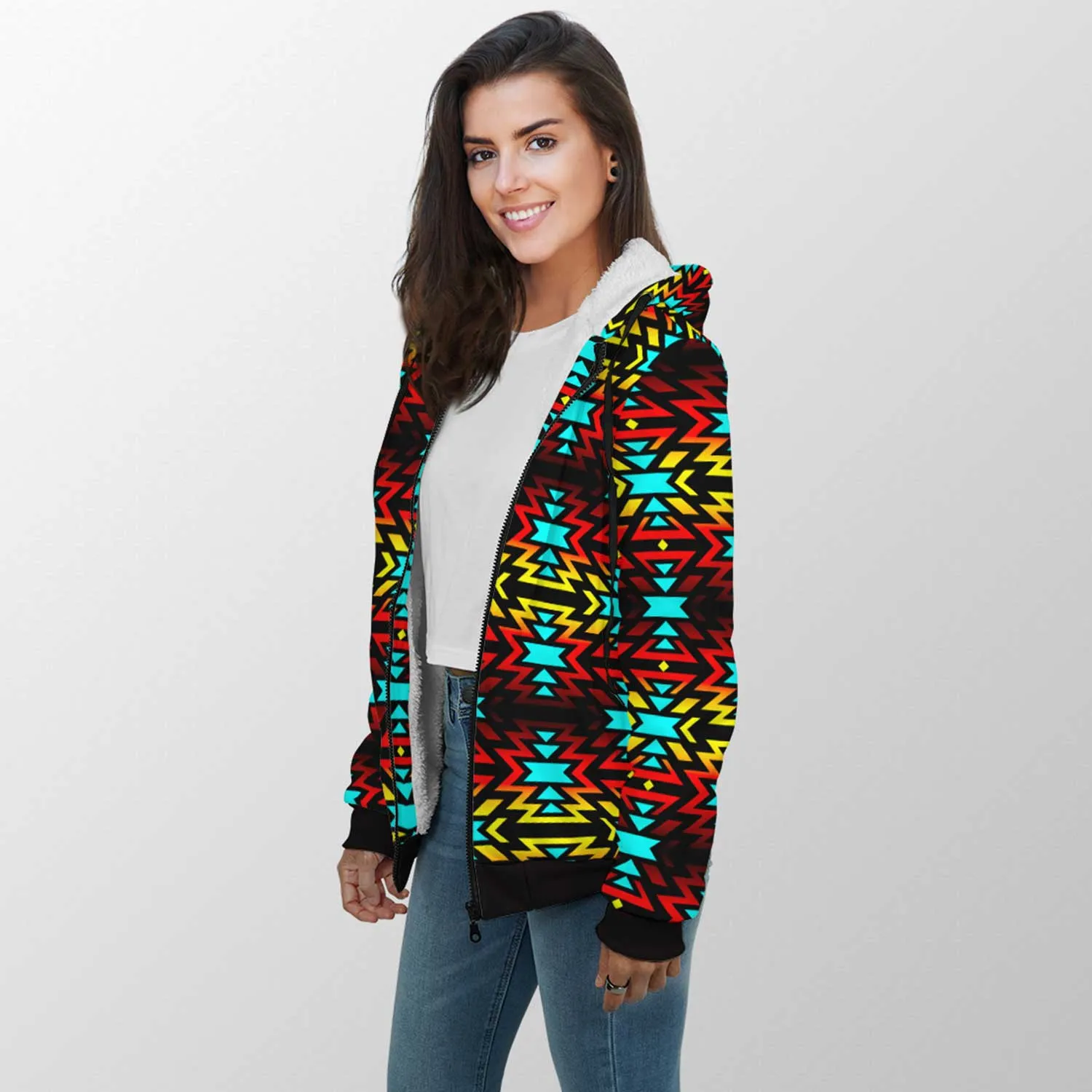 Fire Colors and Turquoise Bearpaw Sherpa Hoodie