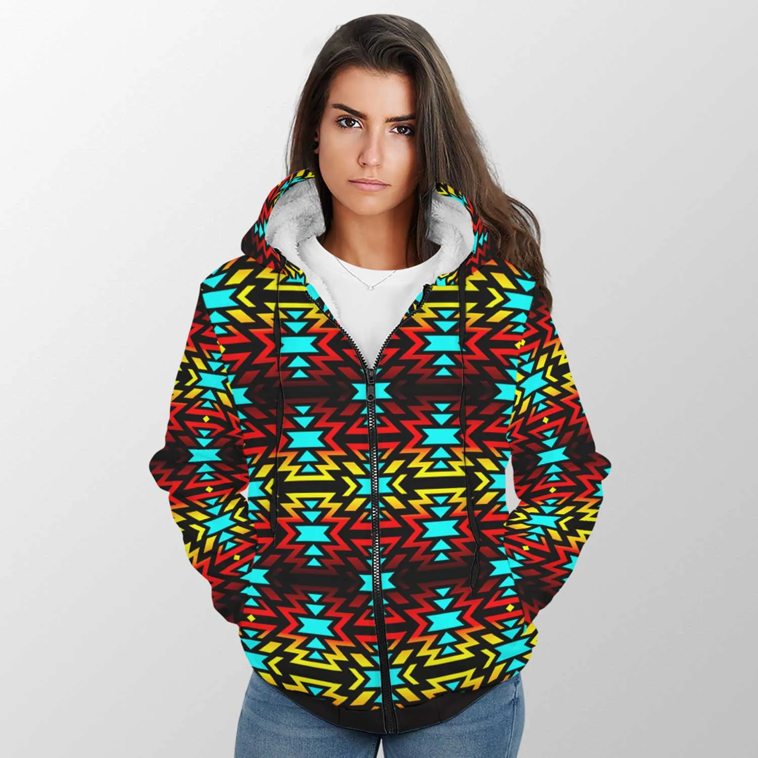 Fire Colors and Turquoise Bearpaw Sherpa Hoodie