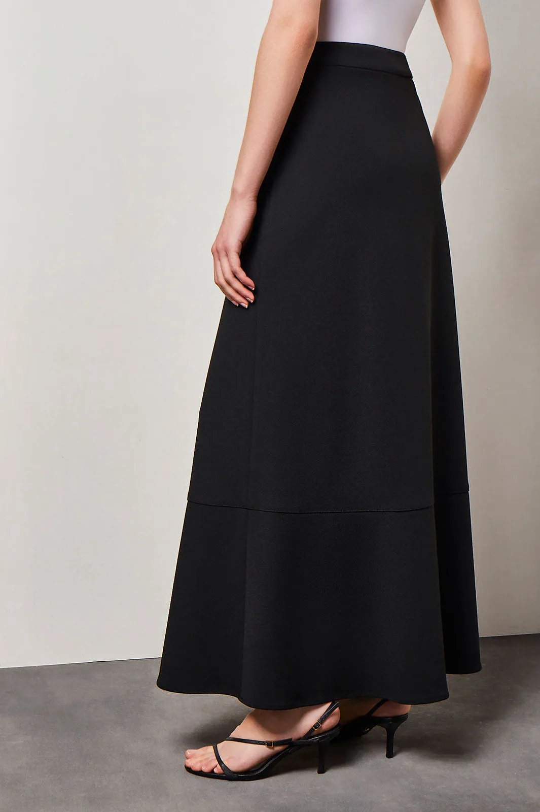 Flare Stretch Deco Crepe Maxi Skirt, Black