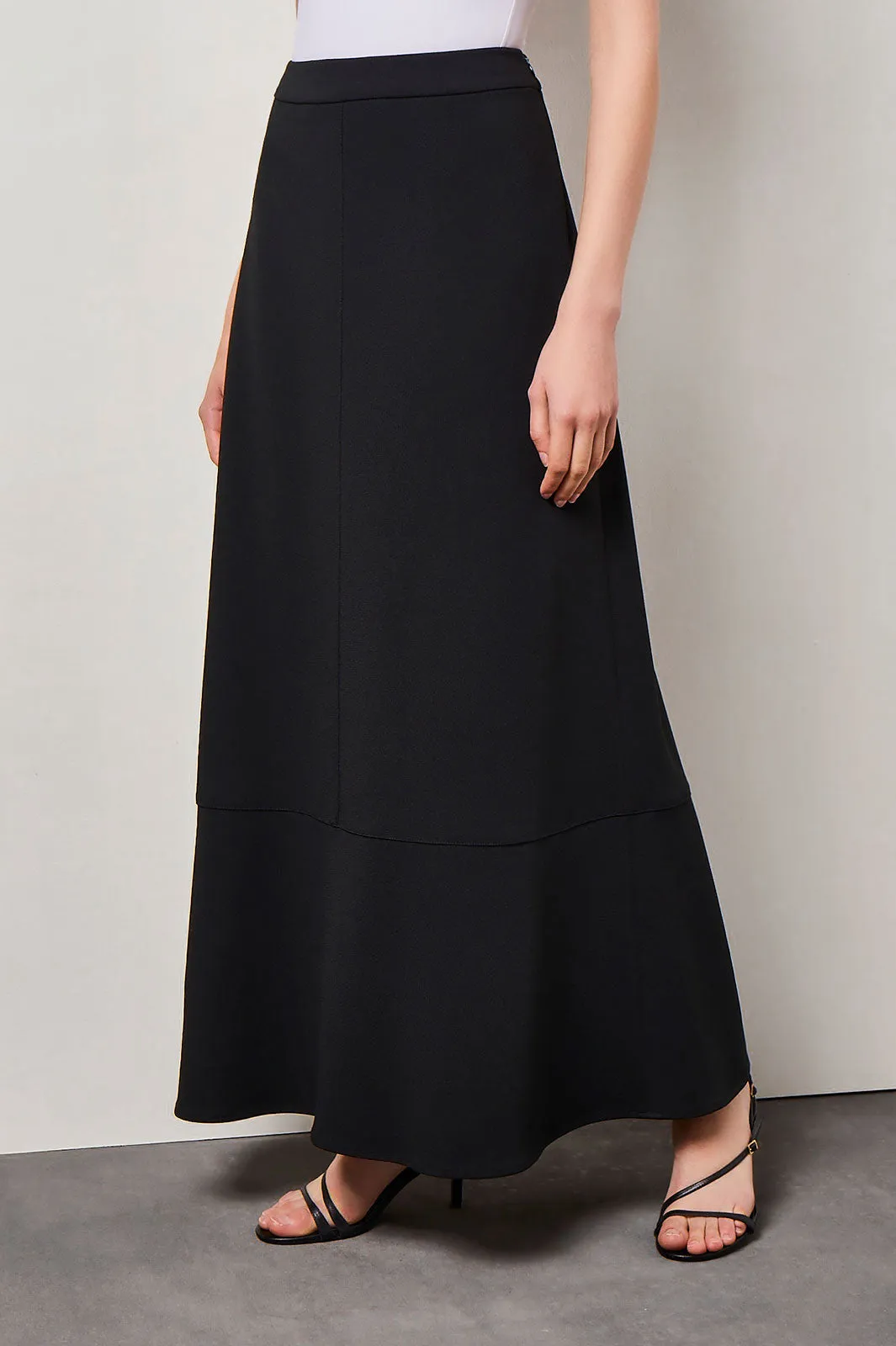 Flare Stretch Deco Crepe Maxi Skirt, Black