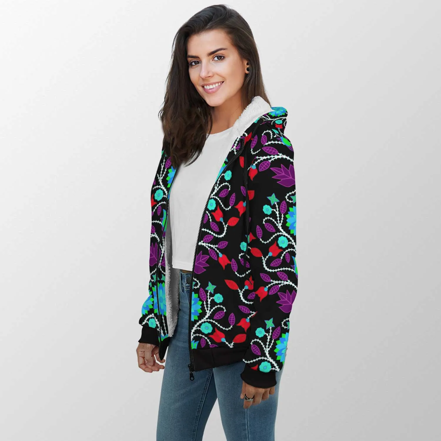 Floral Beadwork Four Clans Winter Sherpa Hoodie