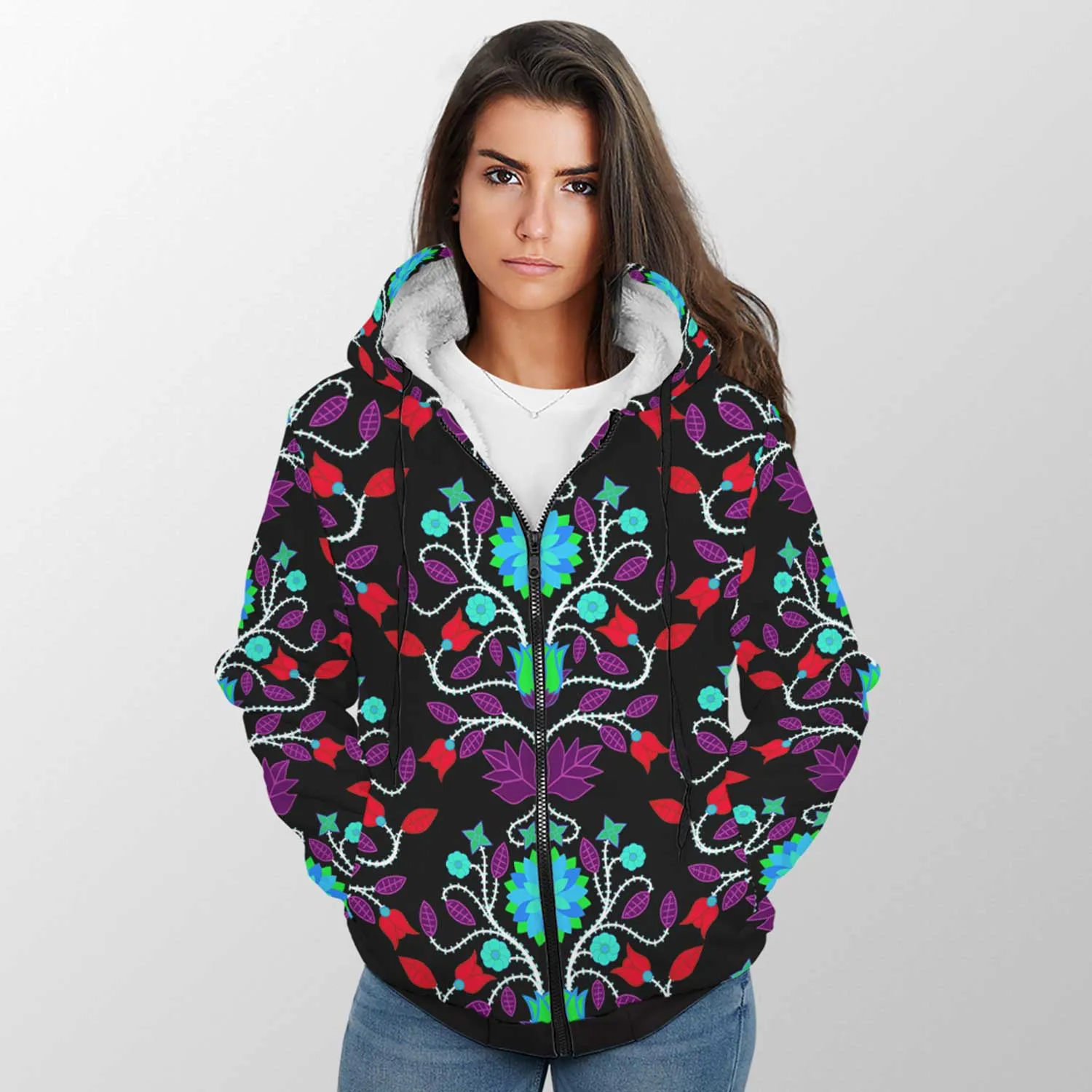 Floral Beadwork Four Clans Winter Sherpa Hoodie