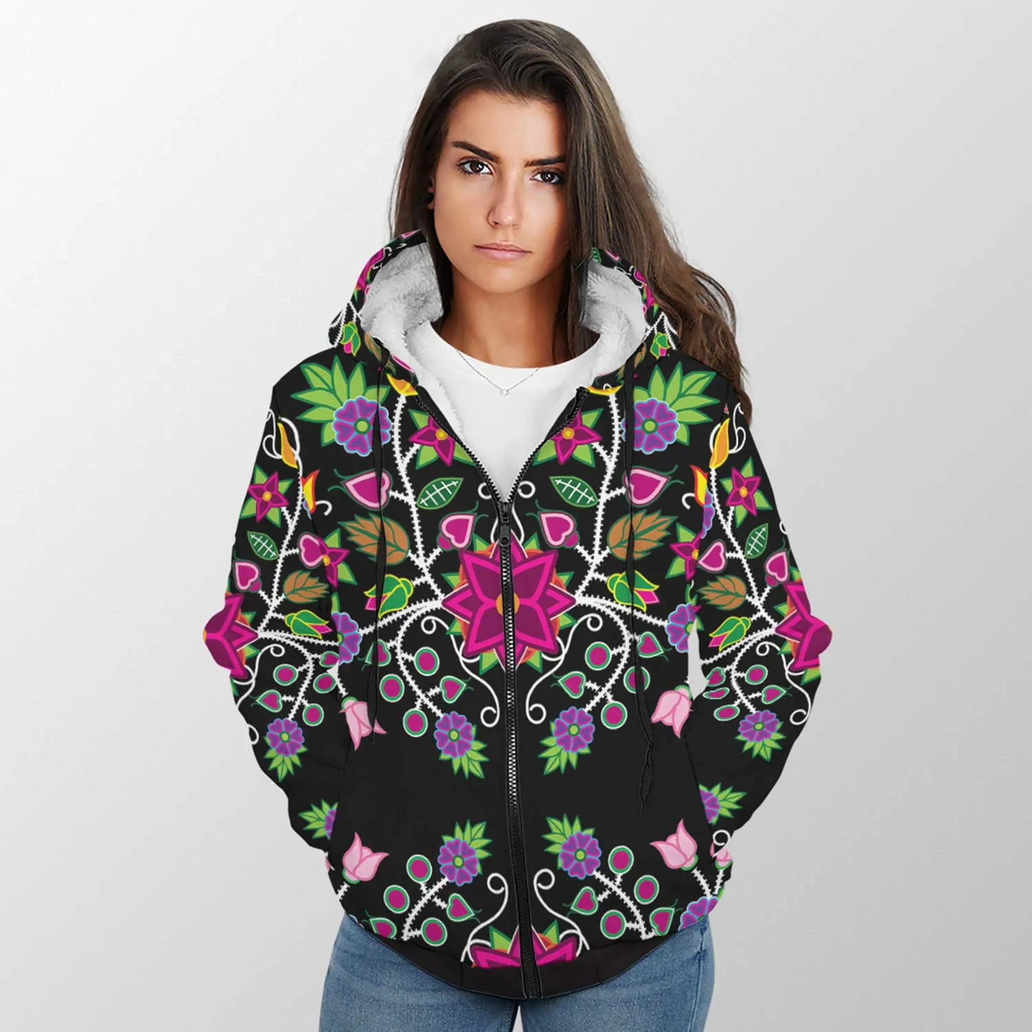 Floral Beadwork Sherpa Hoodie