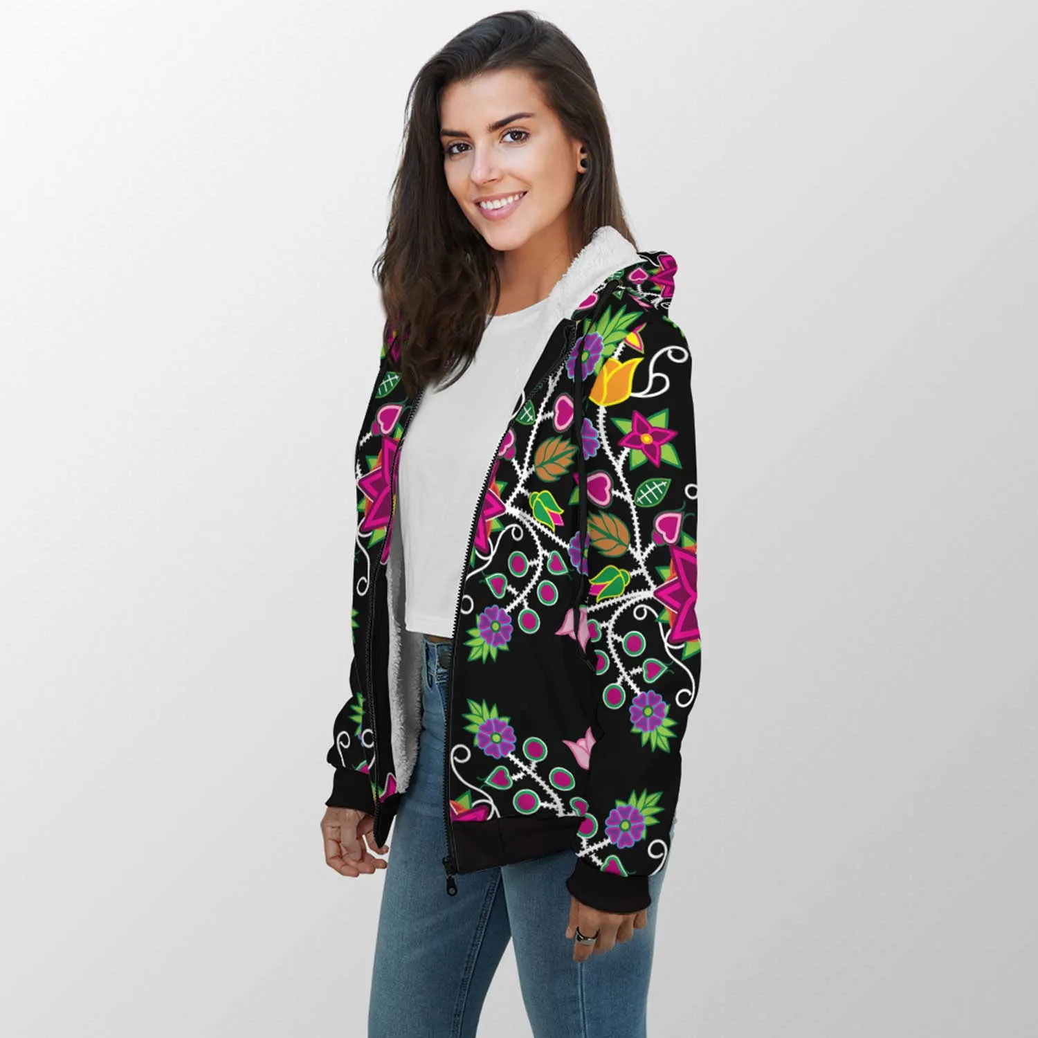 Floral Beadwork Sherpa Hoodie