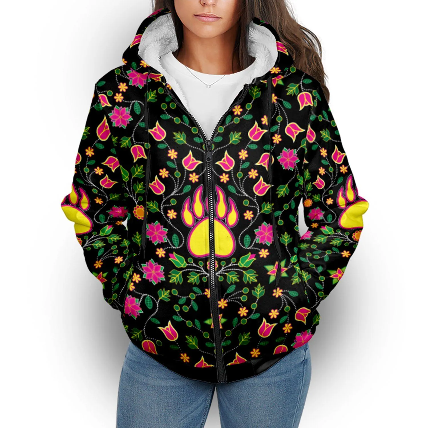 Floral Bearpaw Pink and Yellow Sherpa Hoodie