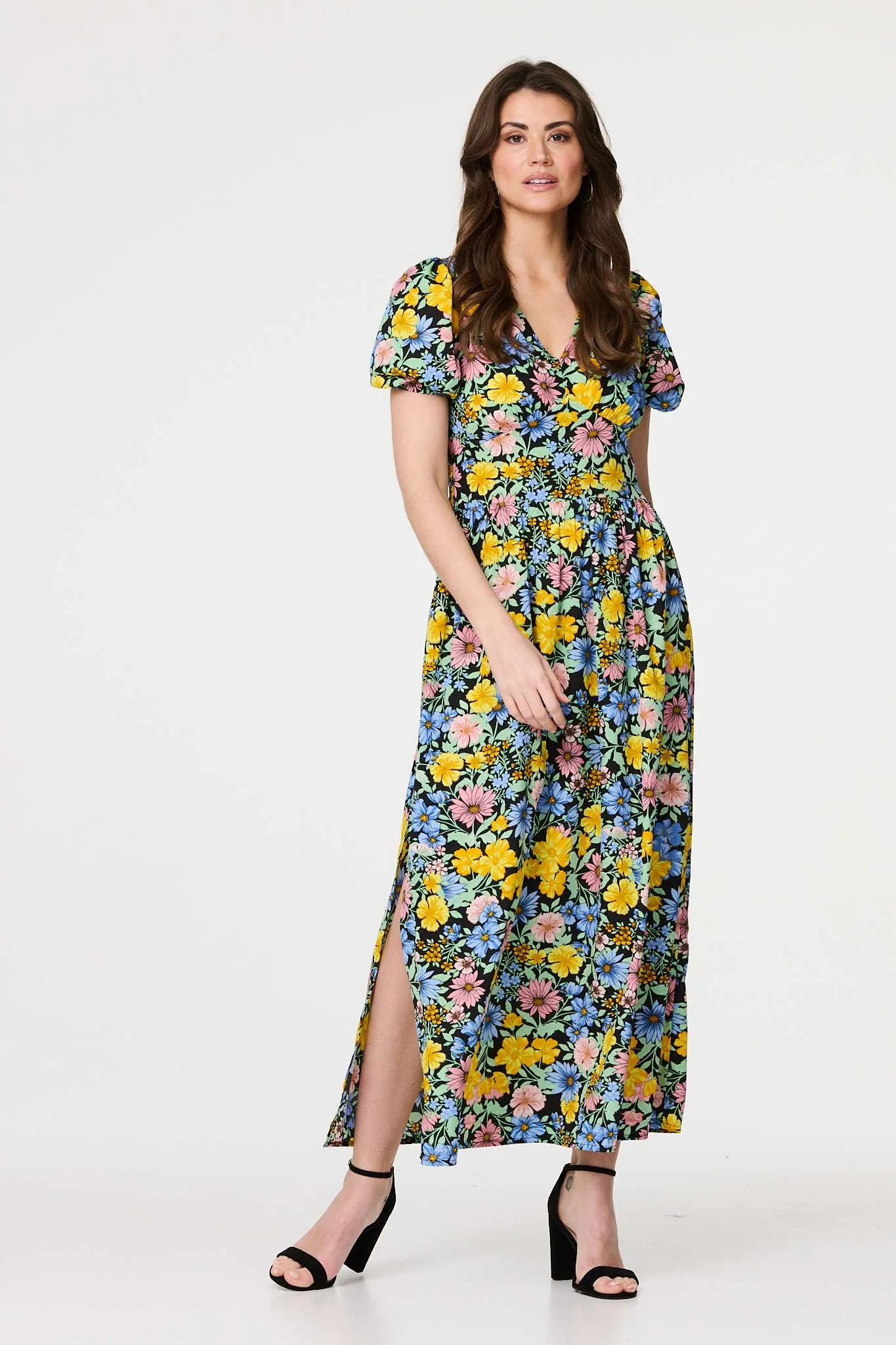 Floral Puff Sleeve Cut Out Maxi Dress