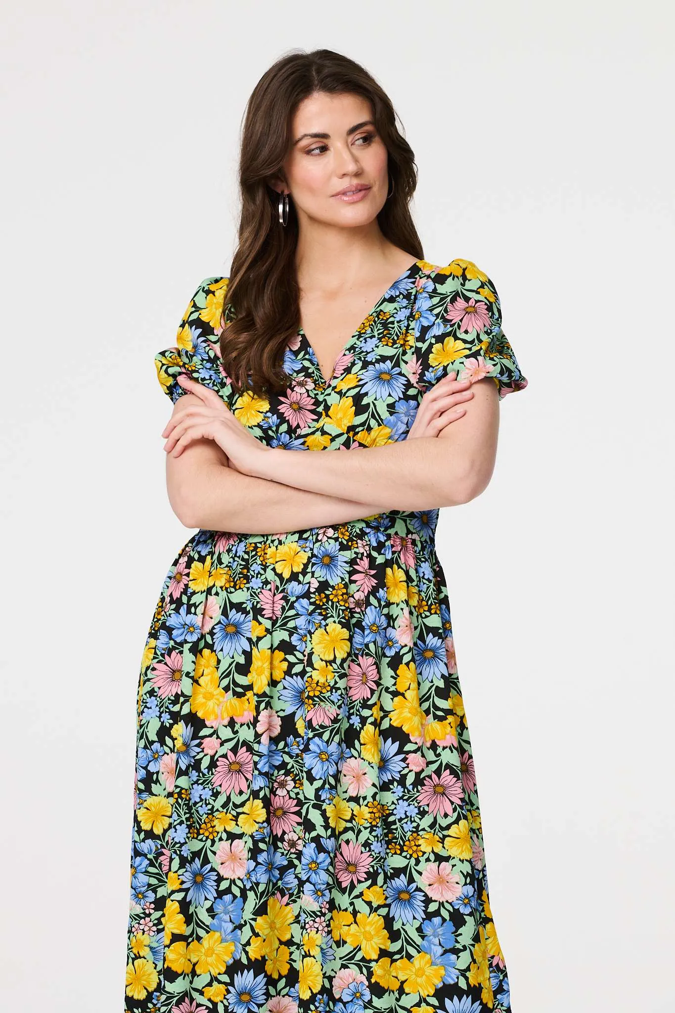 Floral Puff Sleeve Cut Out Maxi Dress