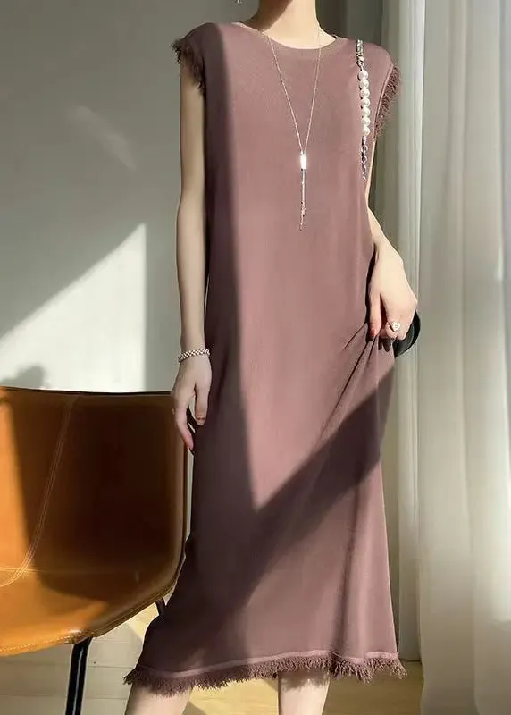 French Beige O-Neck Tasseled Ice Silk Knit Dress Sleeveless AH383