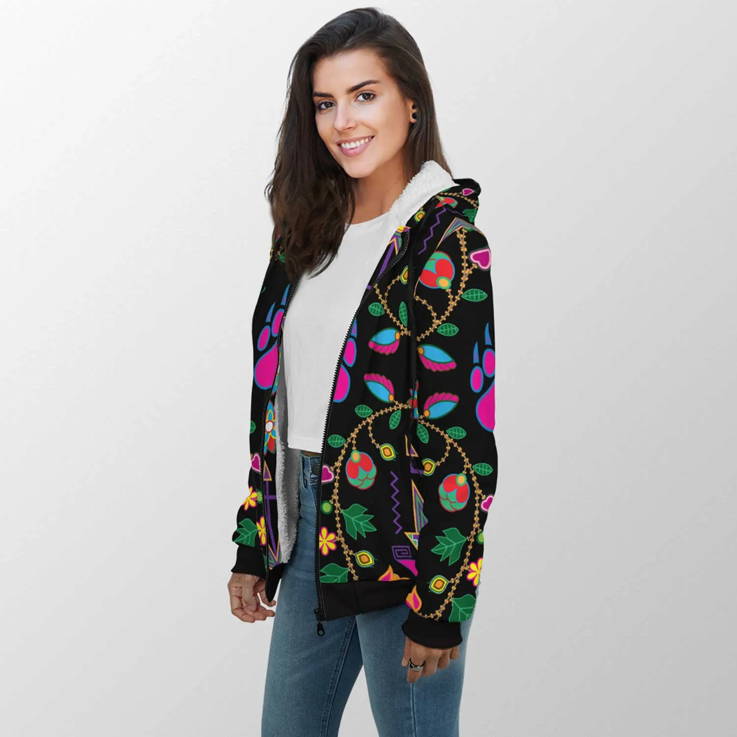 Geometric Floral Fall Sherpa Hoodie