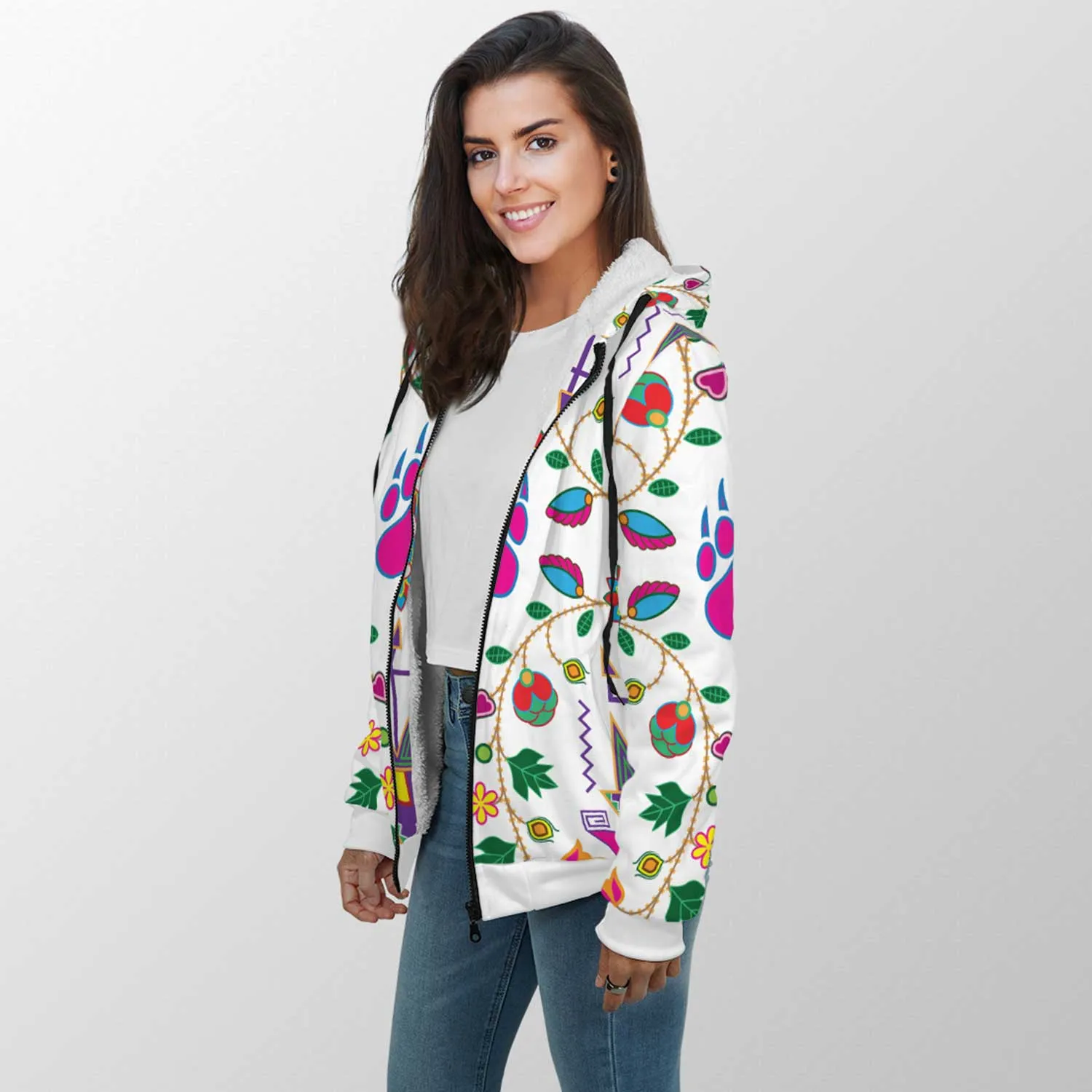 Geometric Floral Fall White Sherpa Hoodie