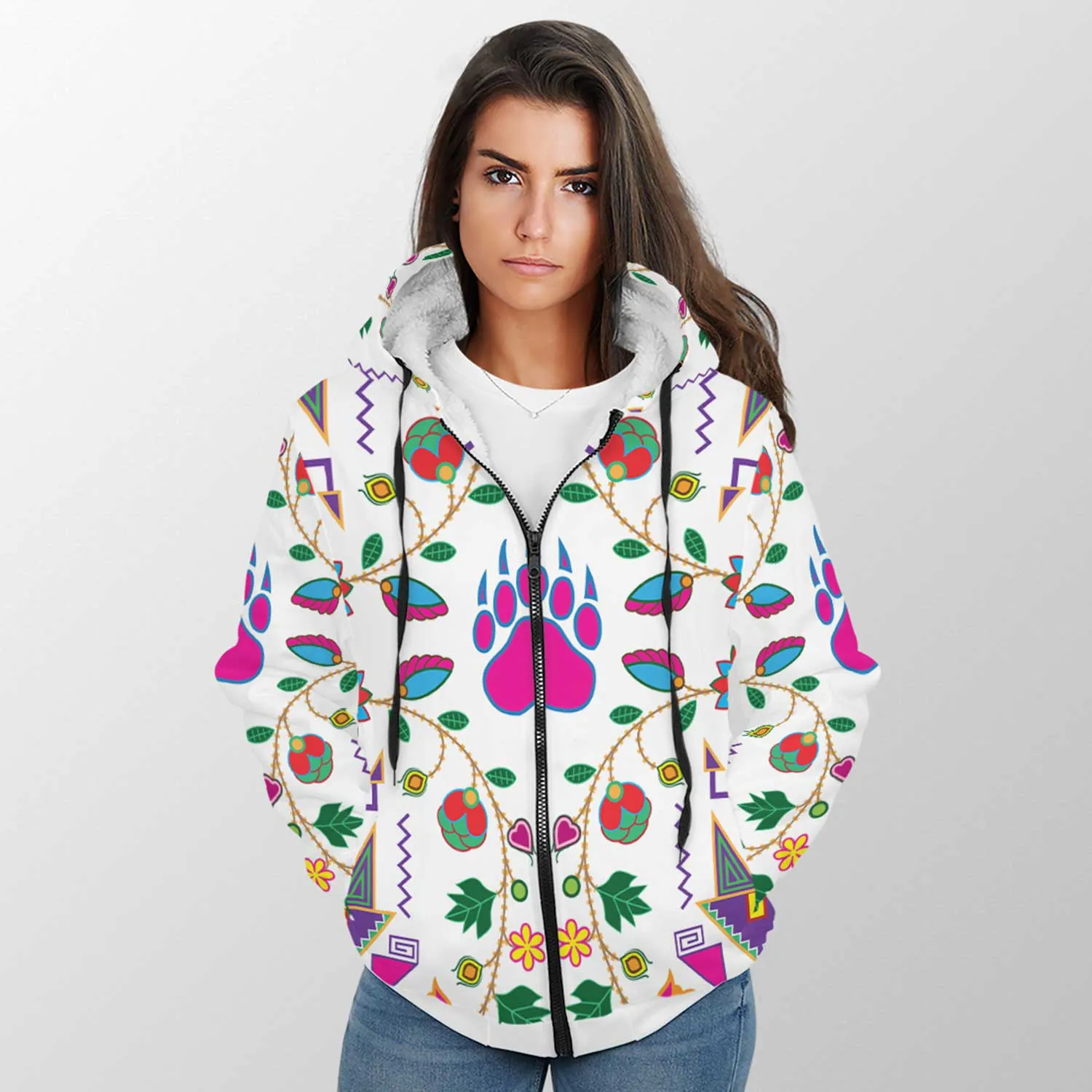 Geometric Floral Fall White Sherpa Hoodie