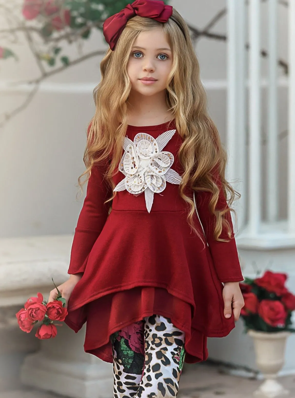 Girls Double Tiered Side Tail Applique Tunic And Printed Legging Set