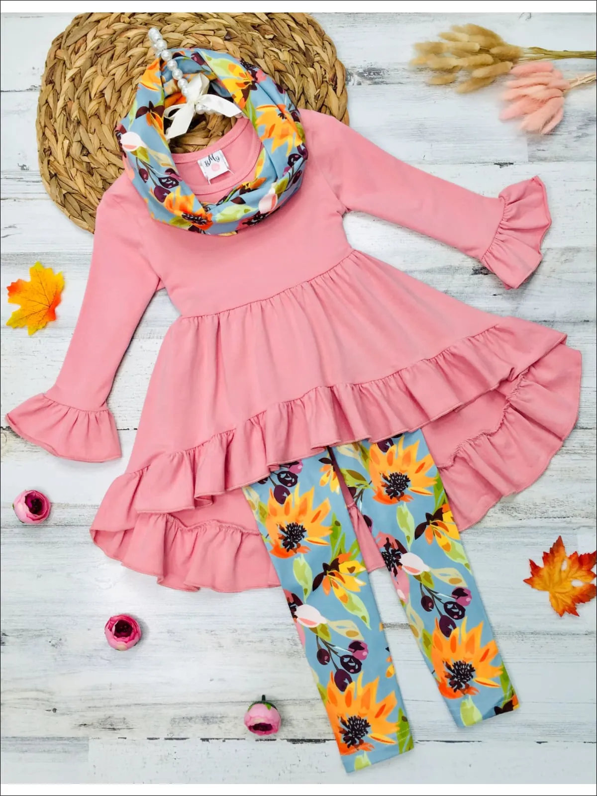 Girls Pink Ruffled 3/4 Sleeve Hi-Lo Tunic, Blue Floral Leggings And Scarf Set