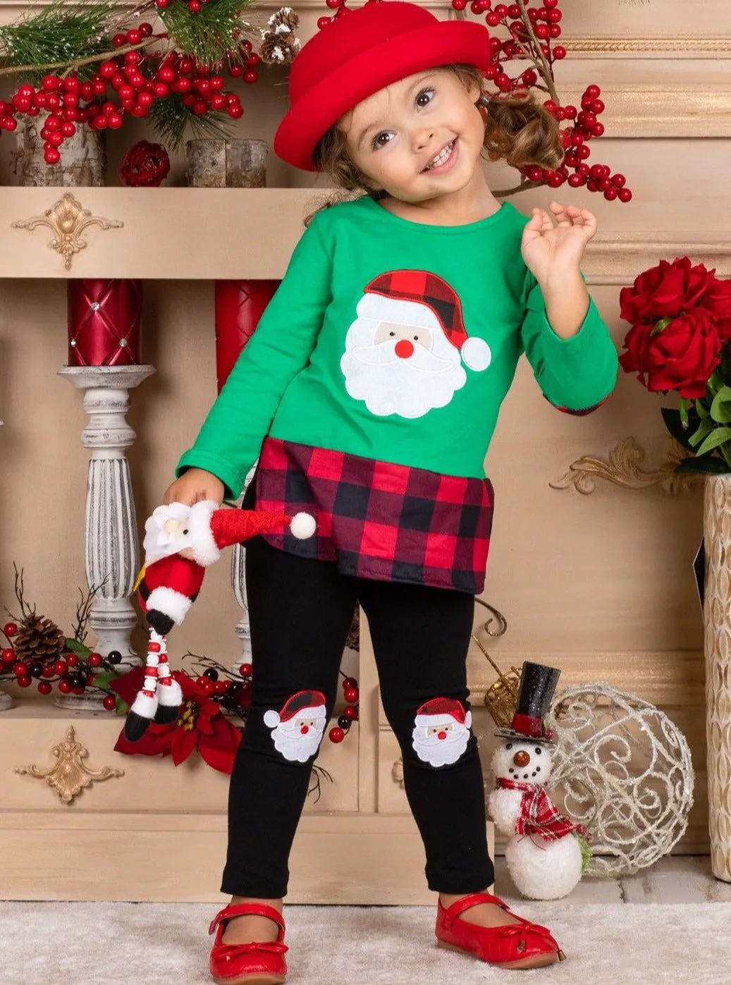 Girls Plaid Santa Patched Tunic and Legging Set