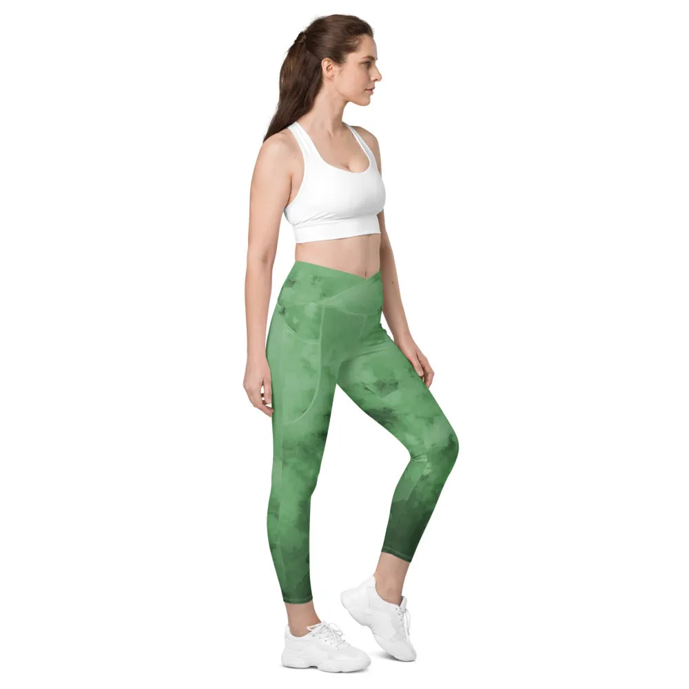 Green Abstract Yoga Tights, Best Women's Crossover Leggings With Pockets For Ladies - Made in USA/EU/MX