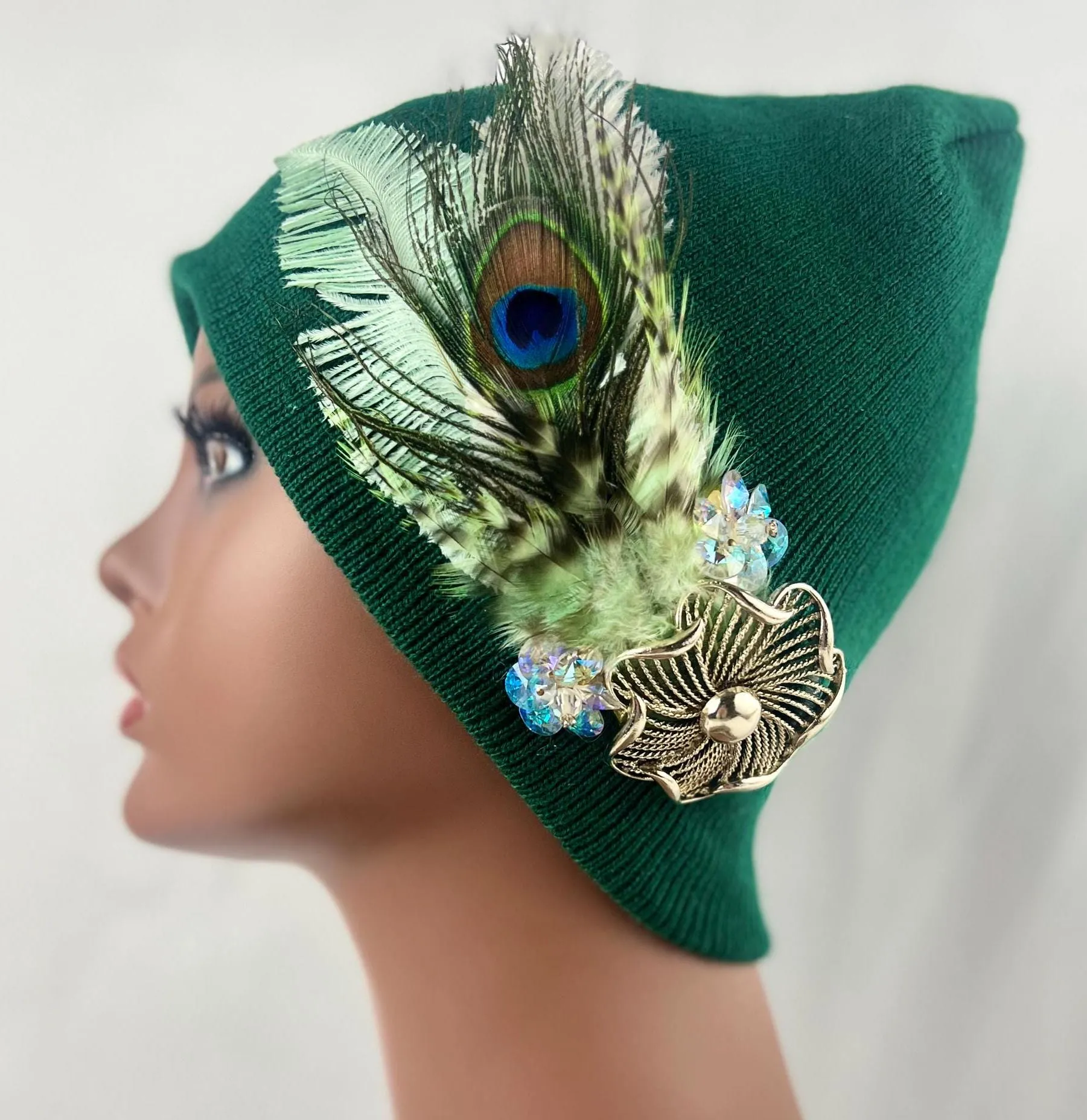 GREEN Embellished Feathered & Jeweled Knit Hat