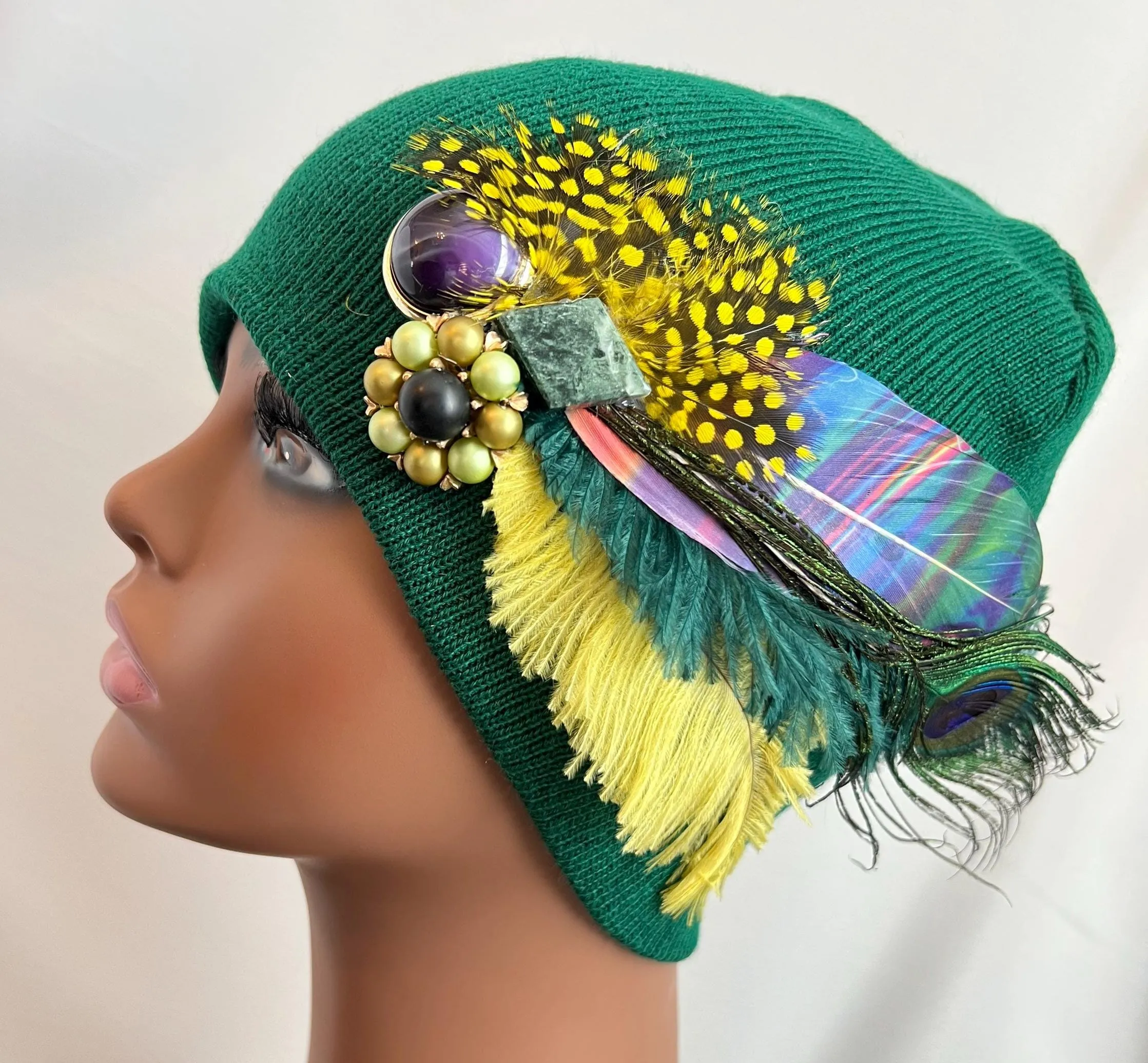 GREEN Embellished Feathered & Jeweled Knit Hat