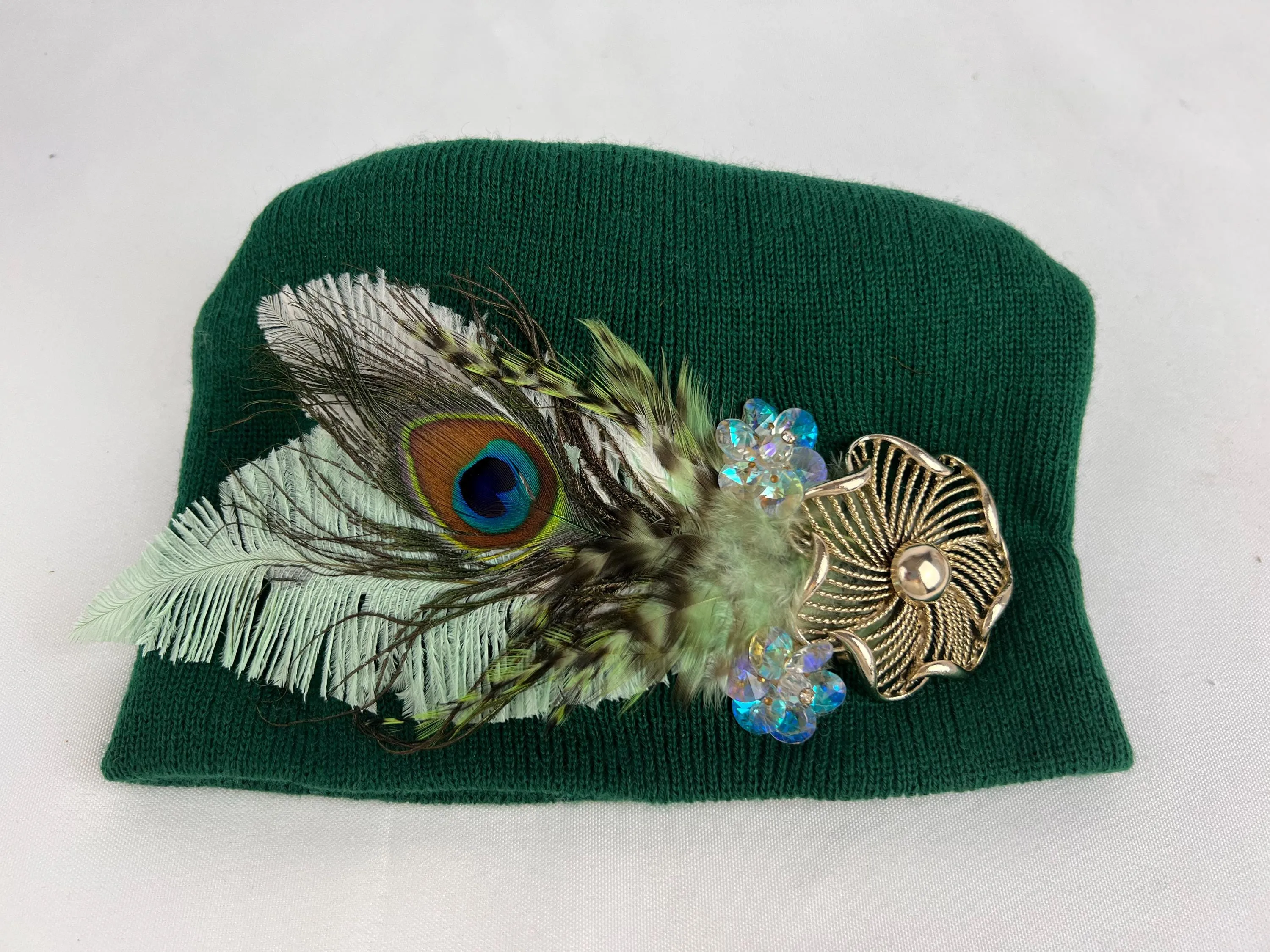 GREEN Embellished Feathered & Jeweled Knit Hat