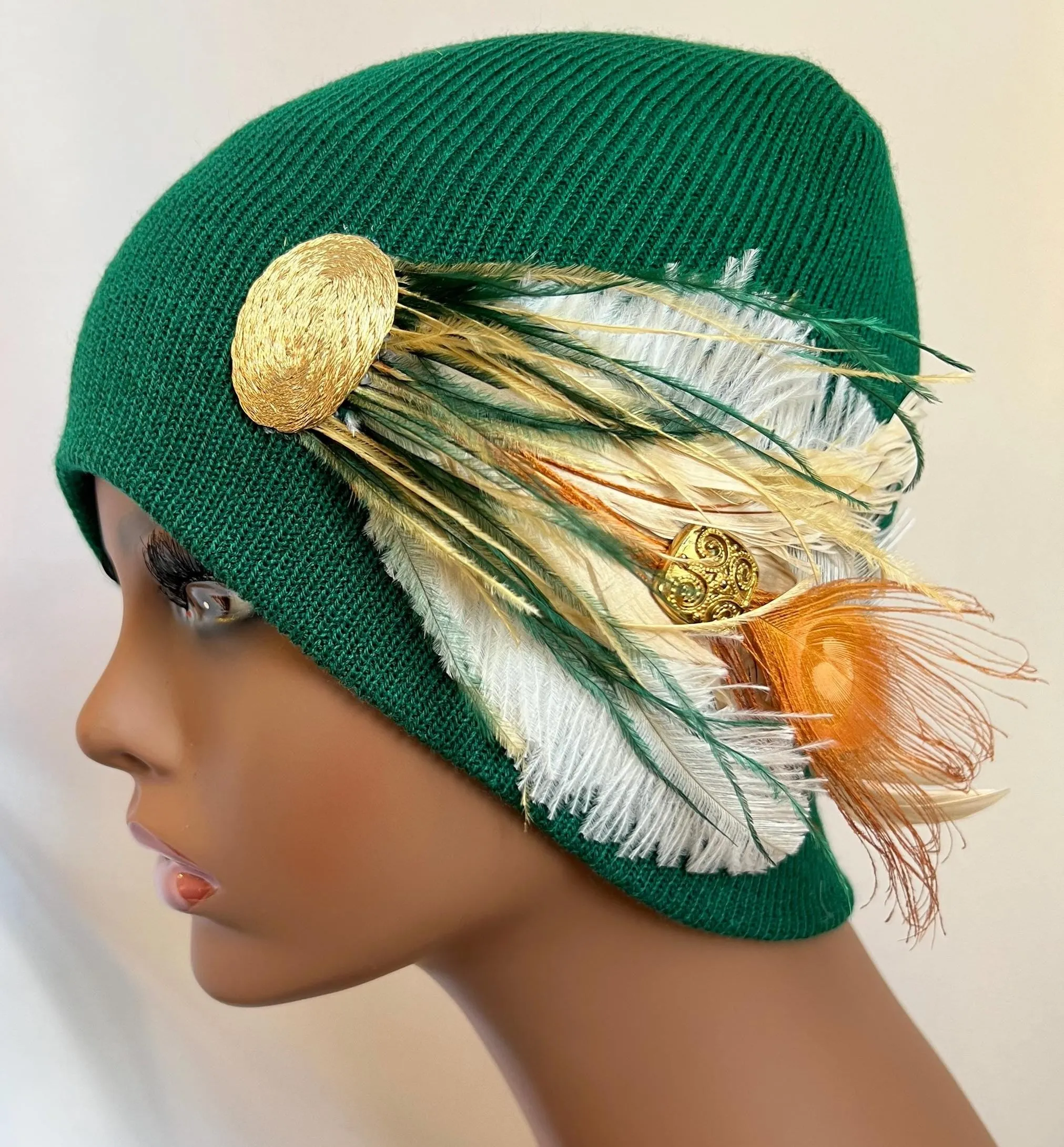 GREEN Embellished Feathered & Jeweled Knit Hat