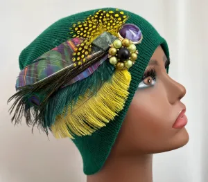 GREEN Embellished Feathered & Jeweled Knit Hat