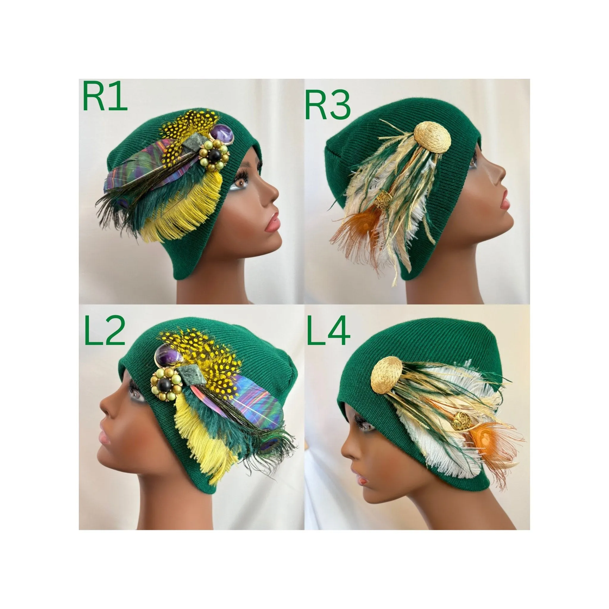 GREEN Embellished Feathered & Jeweled Knit Hat