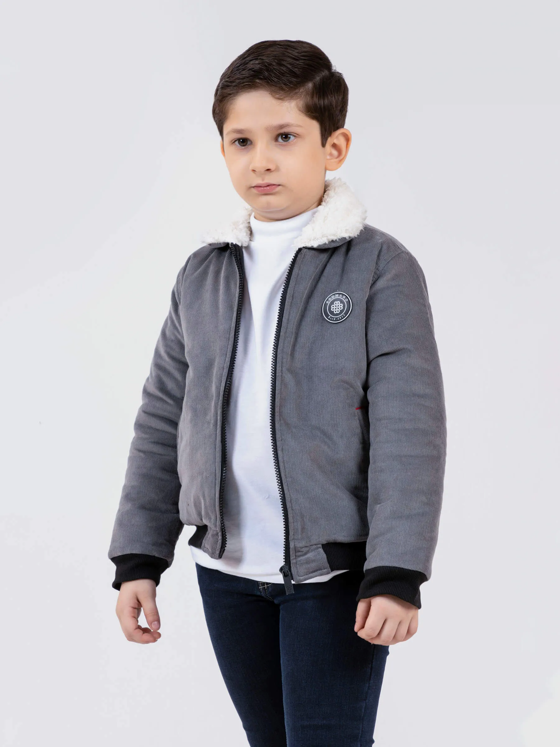 Grey Corduroy Quilted Jacket With Sherpa Collar - Unisex