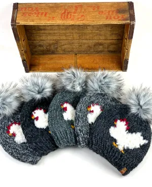 Grey Knit Furry Chicken Beanie Wool Blend Womens Adult Hat Faux Fur Pom Pom Hat