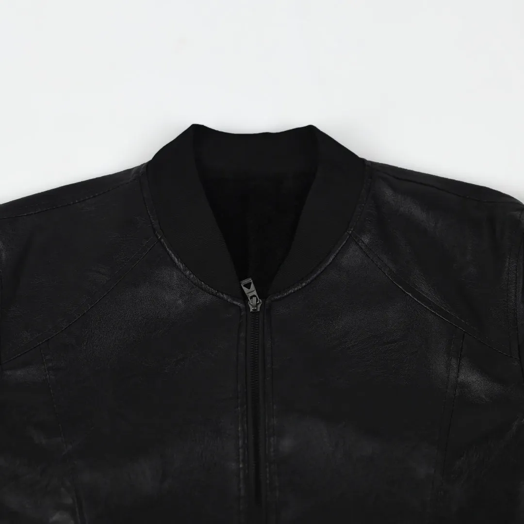 Imported Luxe Pu Leather Inside Sherpa Lining Black Bomber Jacket