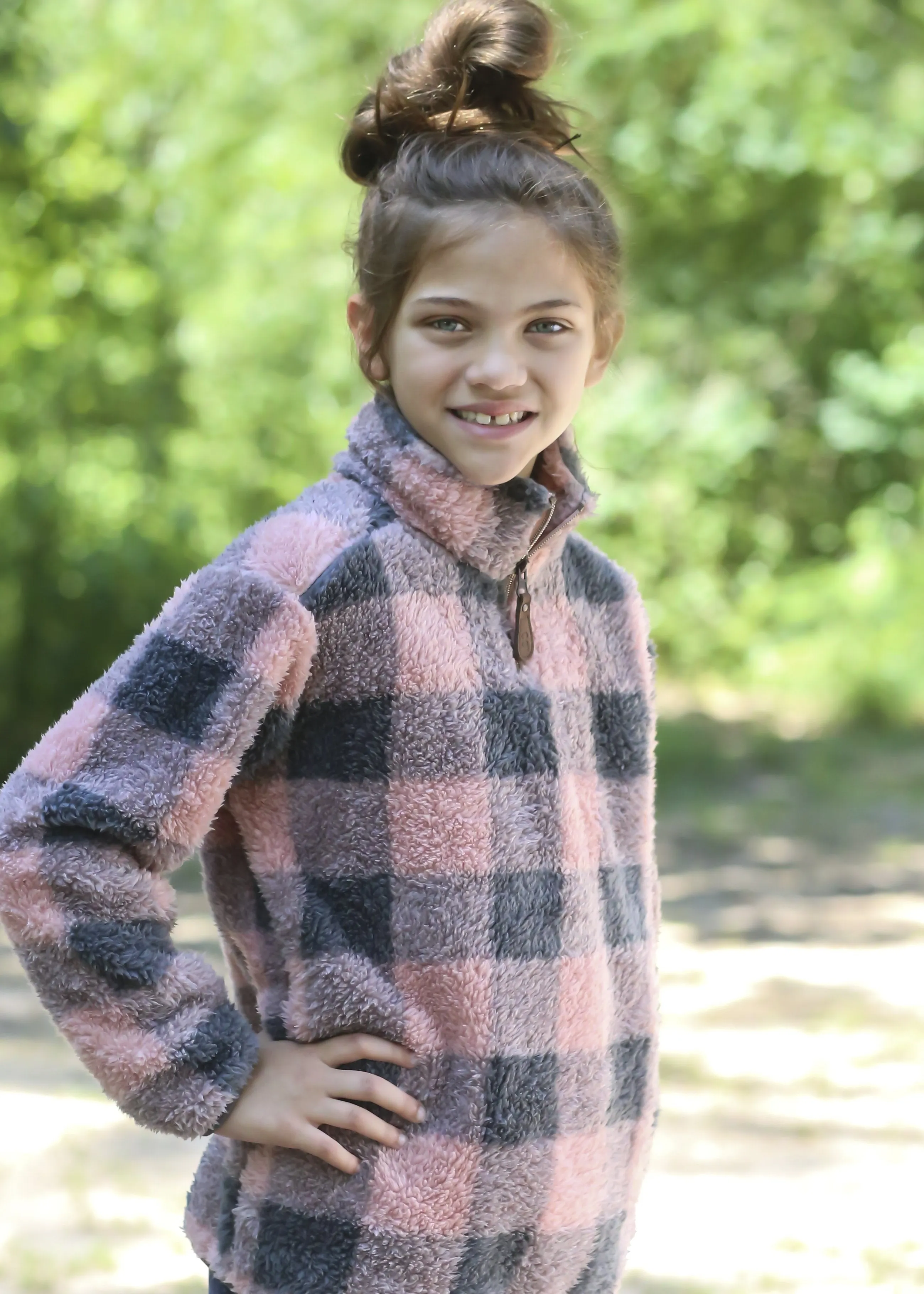 KIDS-4588-2 BUFFALO PLAID SHERPA INDI PINK/DK. MEL GREY