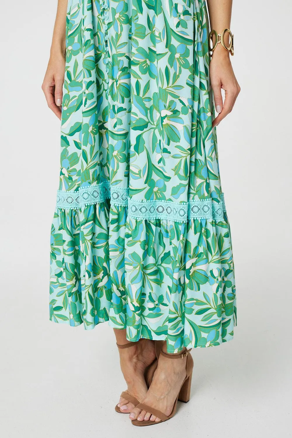 Leaf Print Lace Trim Maxi Dress