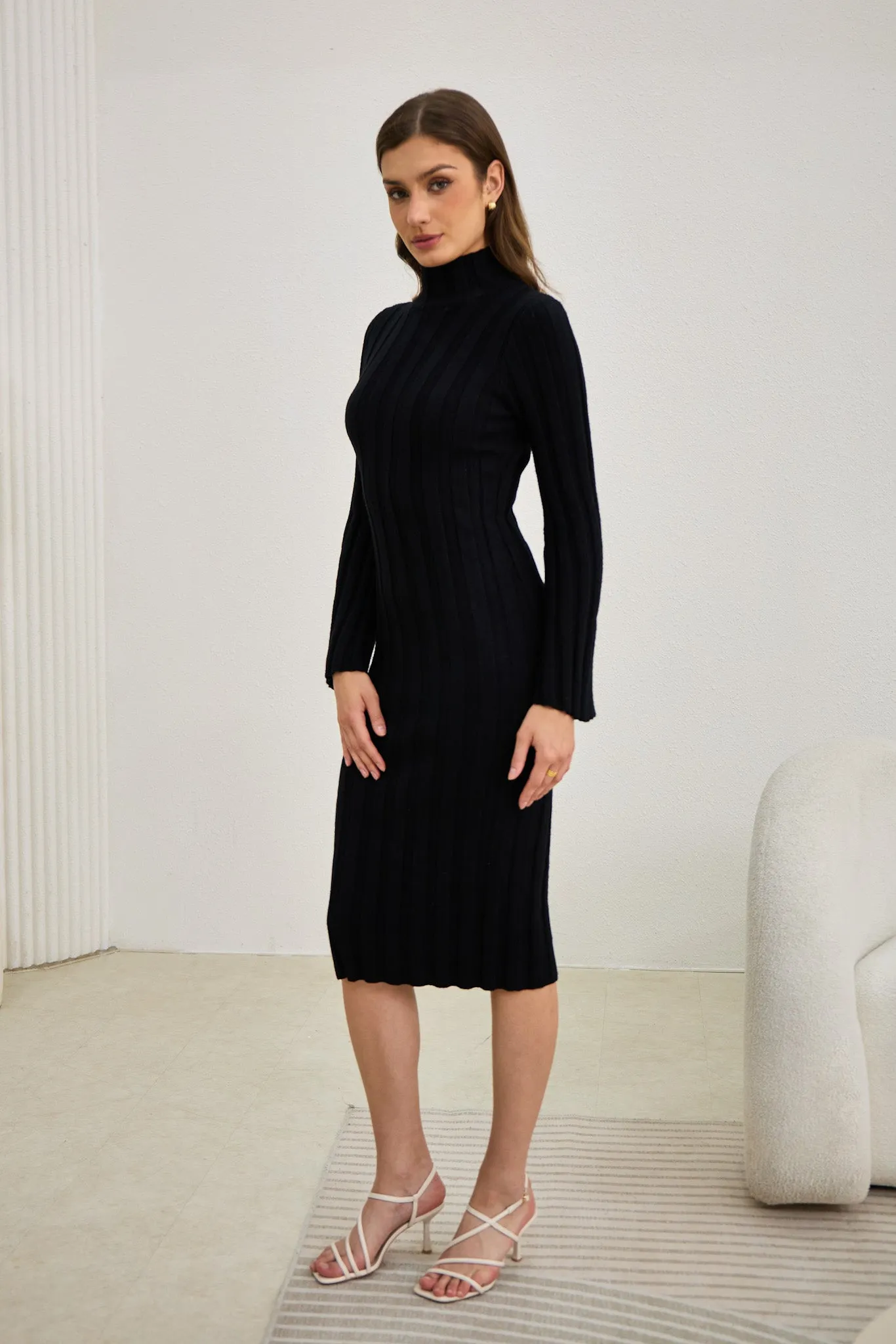 Lexi Black Flute Sleeve Knit Midi Dress