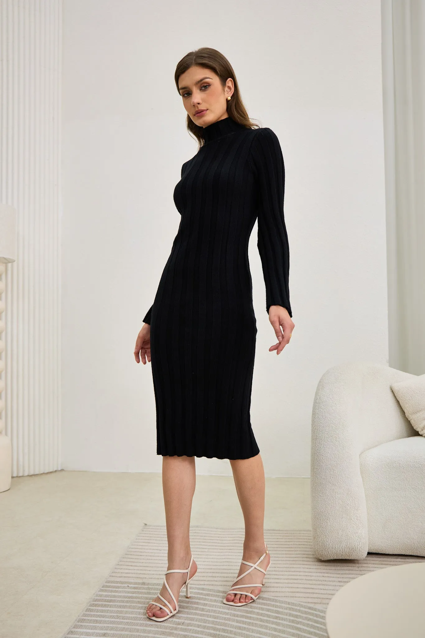 Lexi Black Flute Sleeve Knit Midi Dress